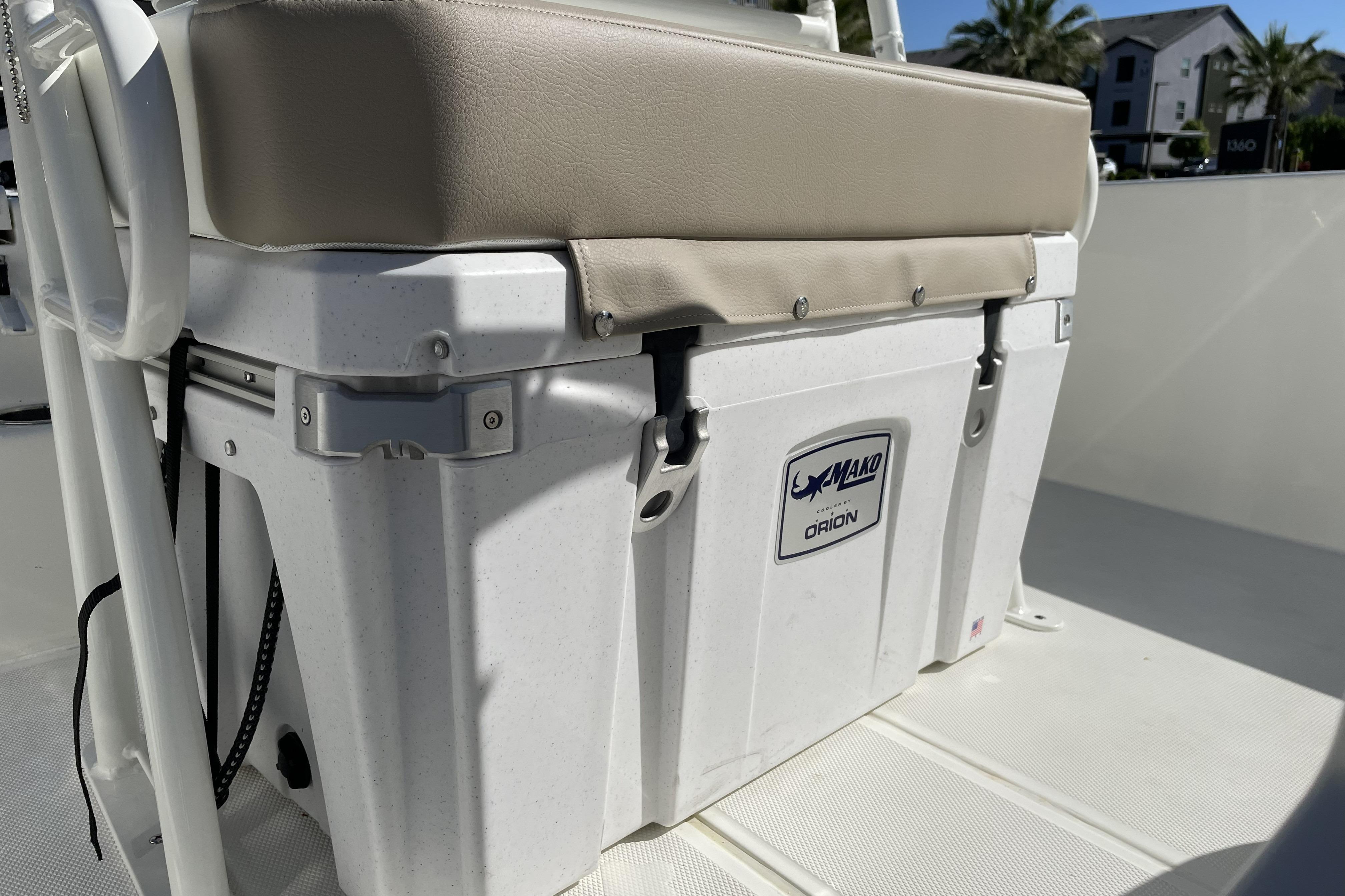 2026 Mako Pro Skiff 19 CC boat with Orion cooler and cushioned seat.