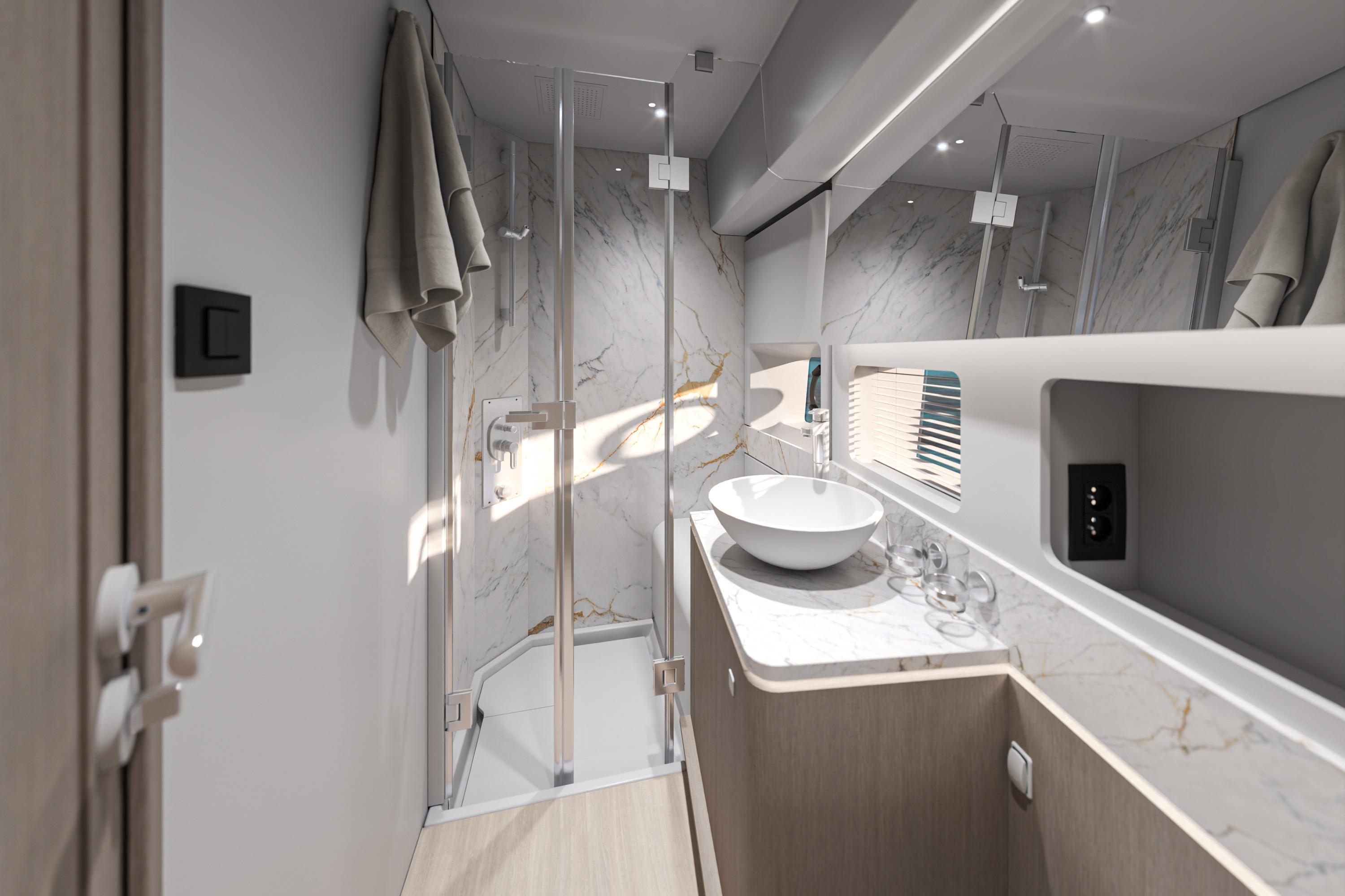 Luxurious bathroom interior of 2026 Beneteau Gran Turismo 50 yacht with modern fixtures.