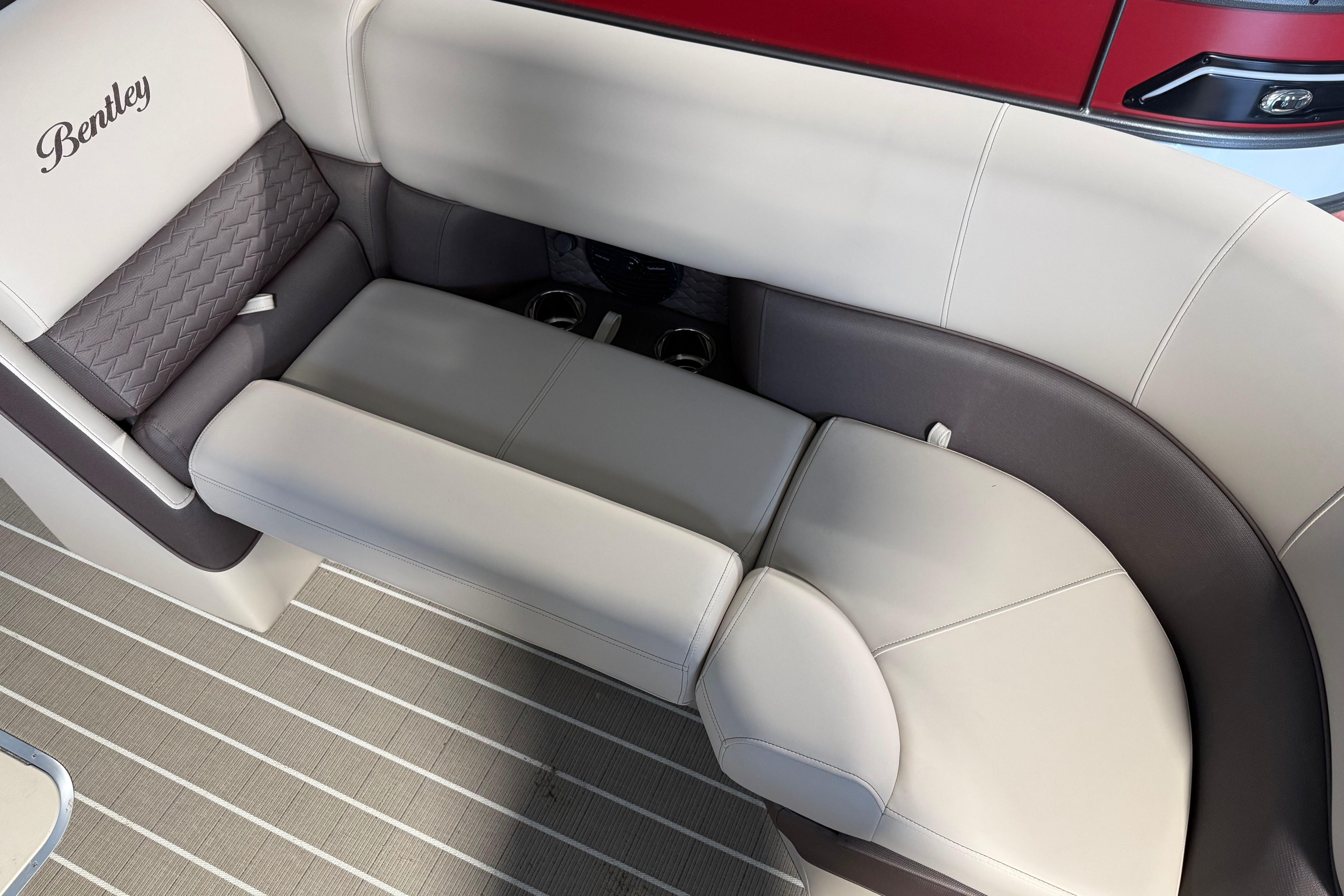 Luxurious seating in the 2026 Bentley Pontoons Elite 223 Admiral, featuring elegant upholstery.