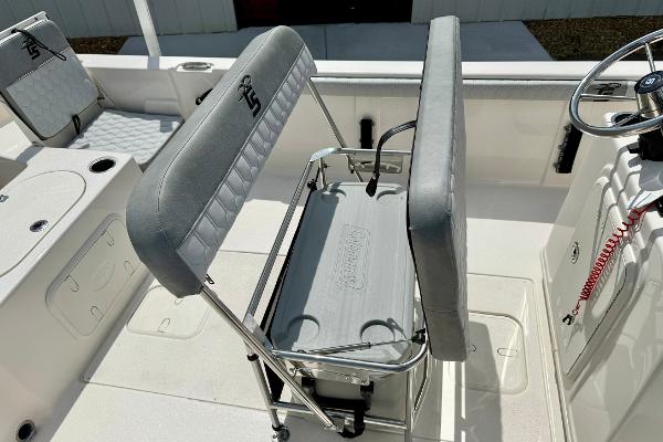 2025 Carolina Skiff 21 LS boat interior with seating and steering wheel.