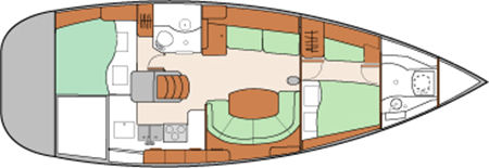 Floor plan of the 1999 Beneteau 411 yacht.