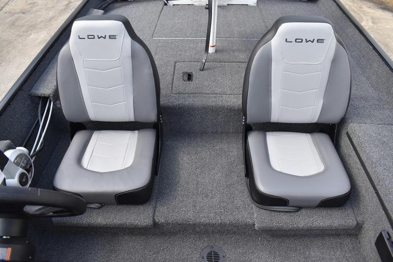 2026 Lowe Skorpion 17 boat interior with two gray and white seats.