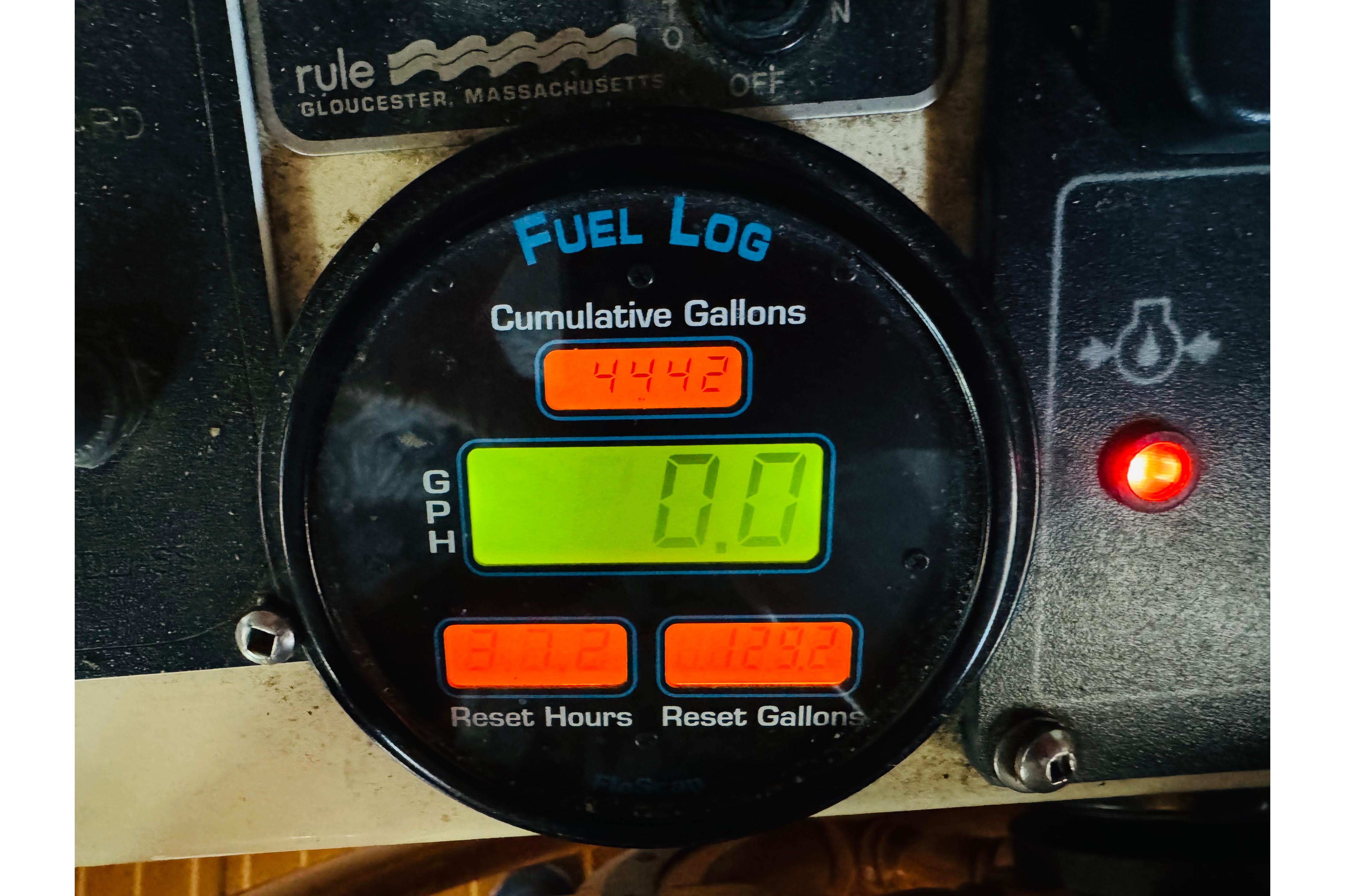 Fuel log display on 1996 Nordic Tug 32, showing cumulative gallons and GPH.