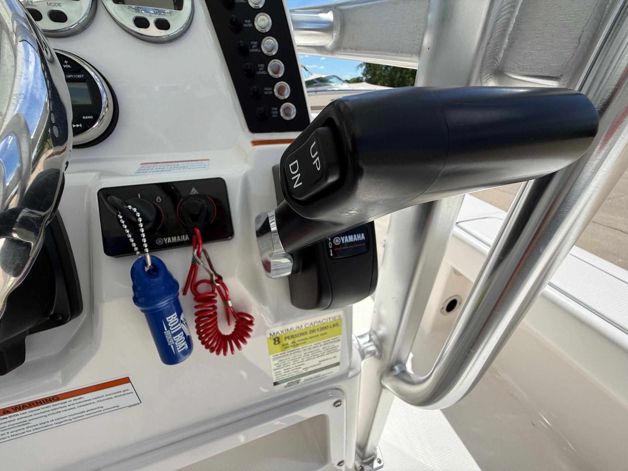 Control console of a 2021 Robalo 226 Cayman boat.