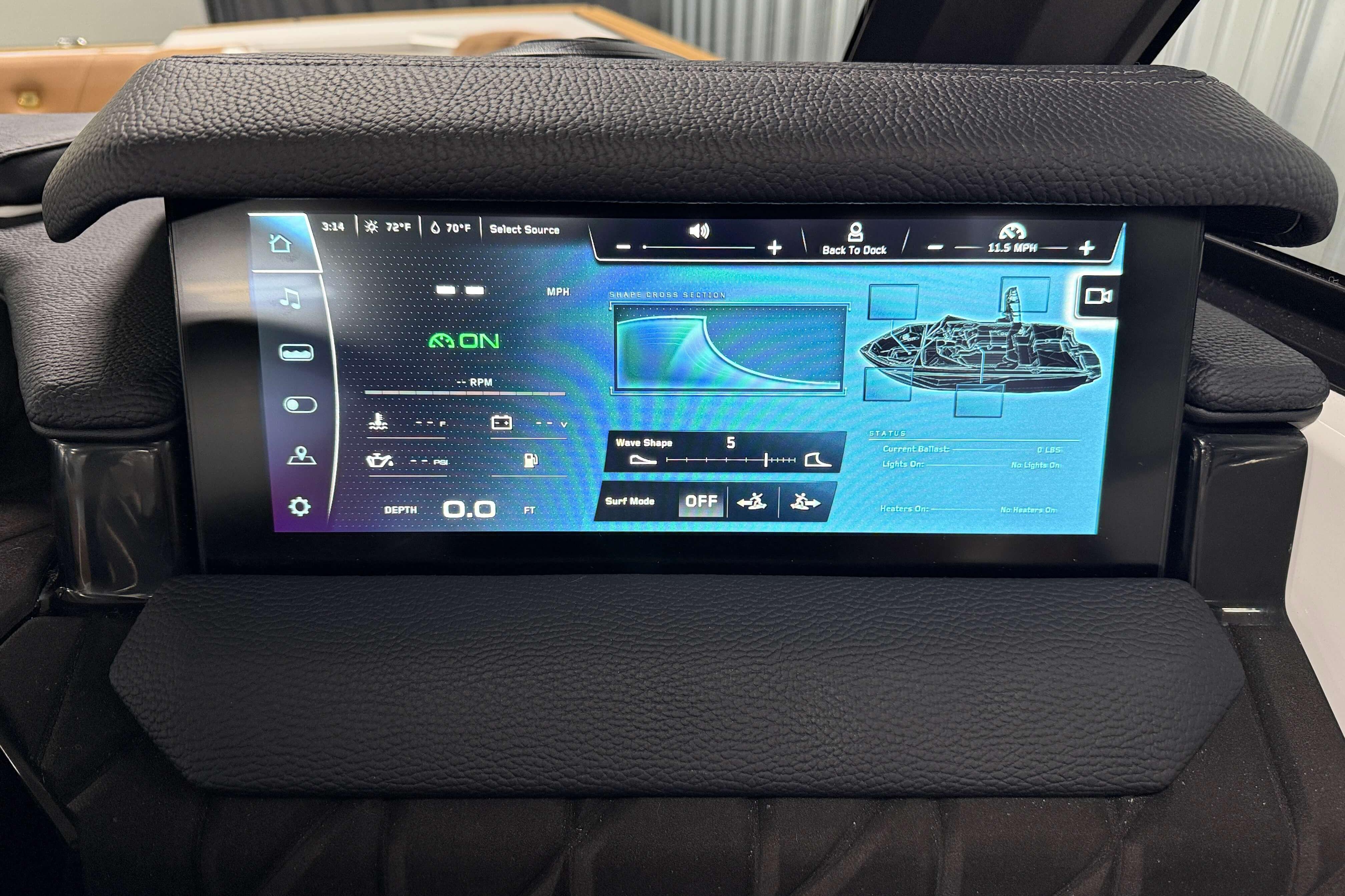 2026 Nautique Super Air Nautique S23 touchscreen display with navigation and control features.