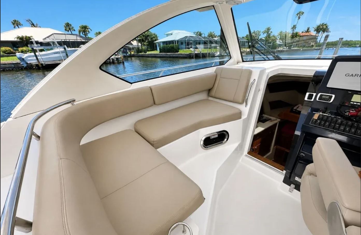 Interior of a 2016 Pursuit OS 325 Offshore yacht.