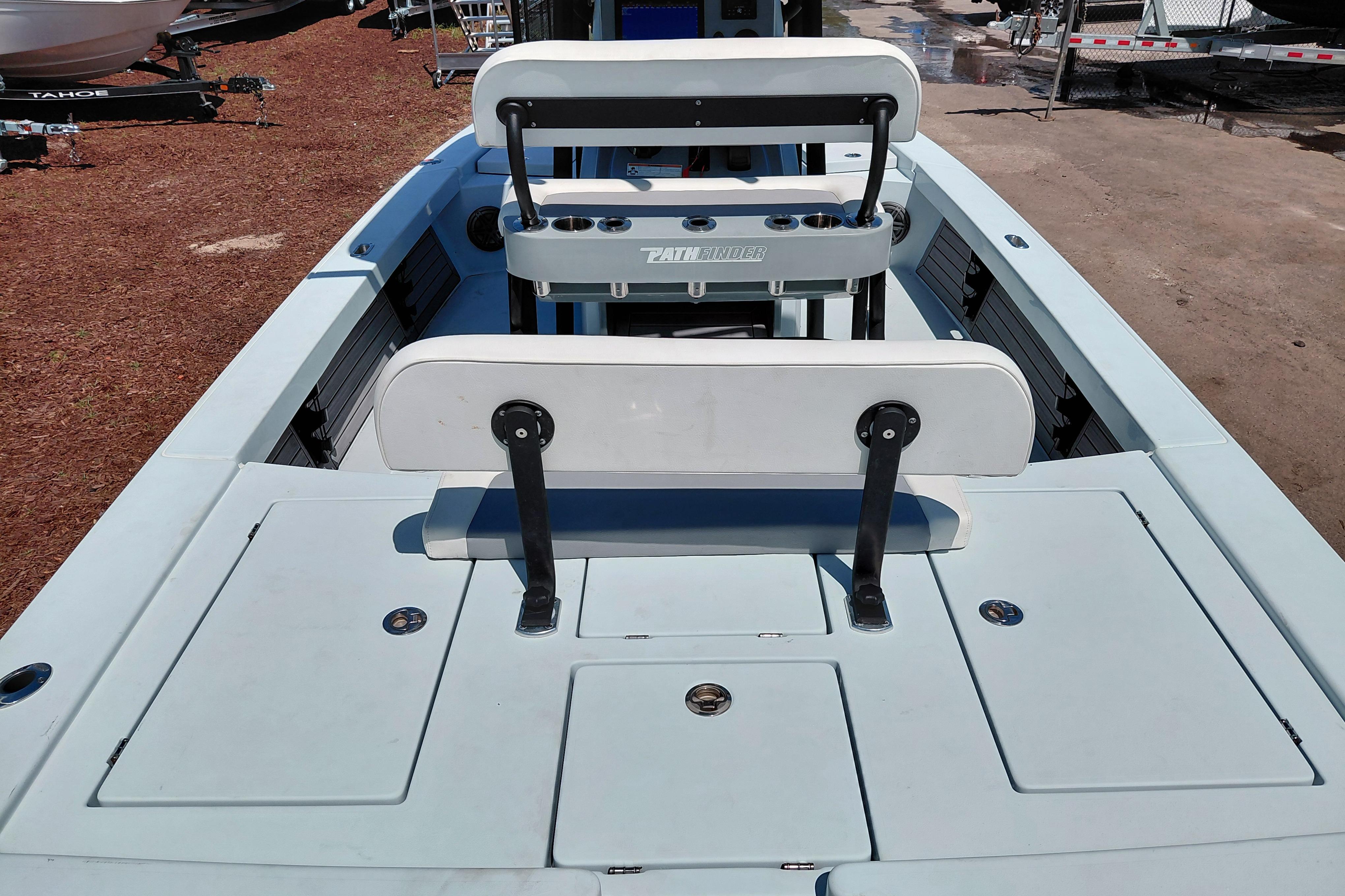 2022 Pathfinder 2300 HPS boat interior with seating and storage compartments.