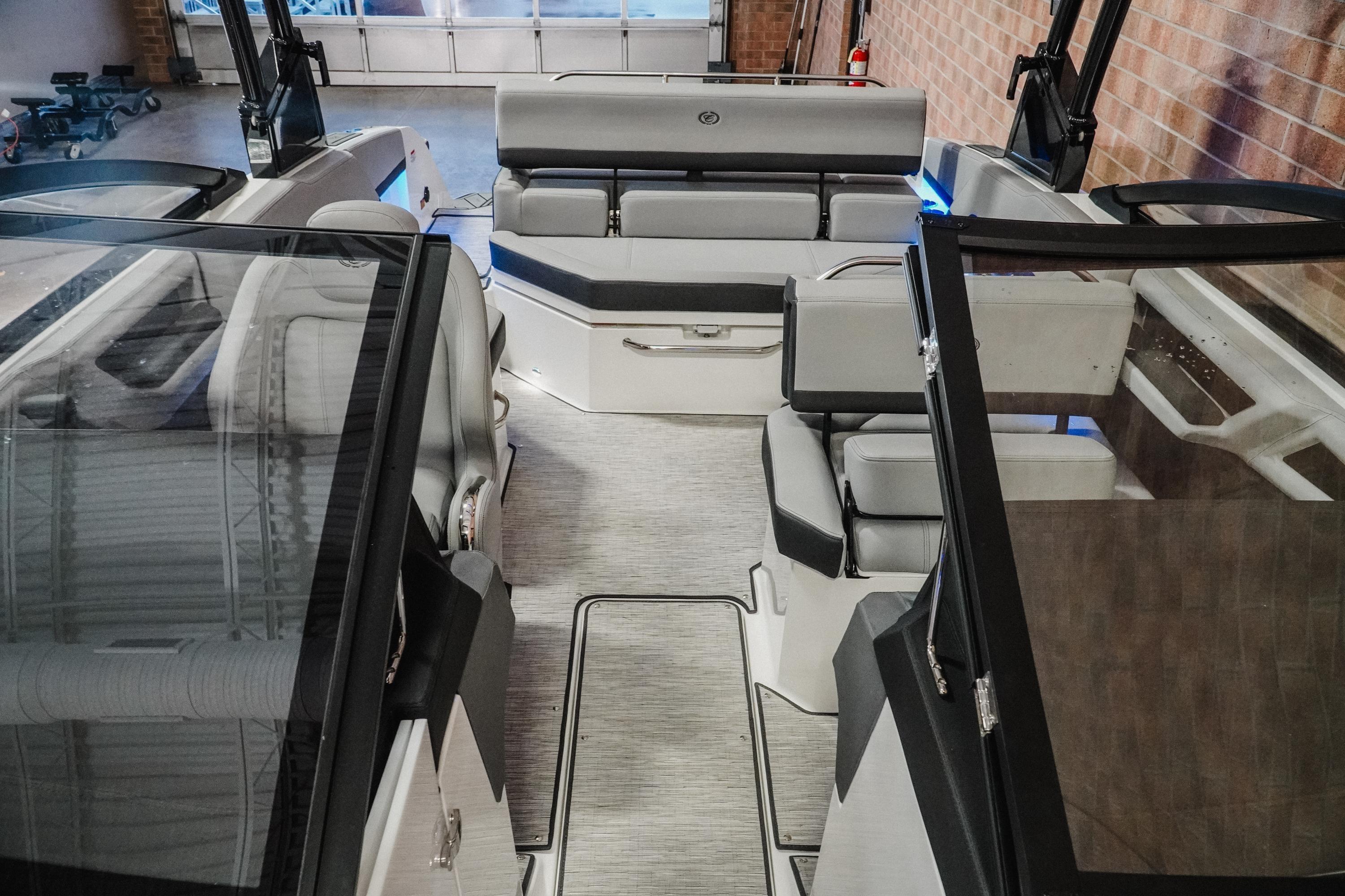 Interior view of a 2026 Cobalt R4 boat with modern seating and sleek design.