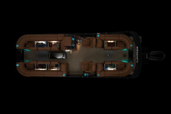 2023 Regency 250 LE3 pontoon boat interior with ambient lighting and luxurious seating.