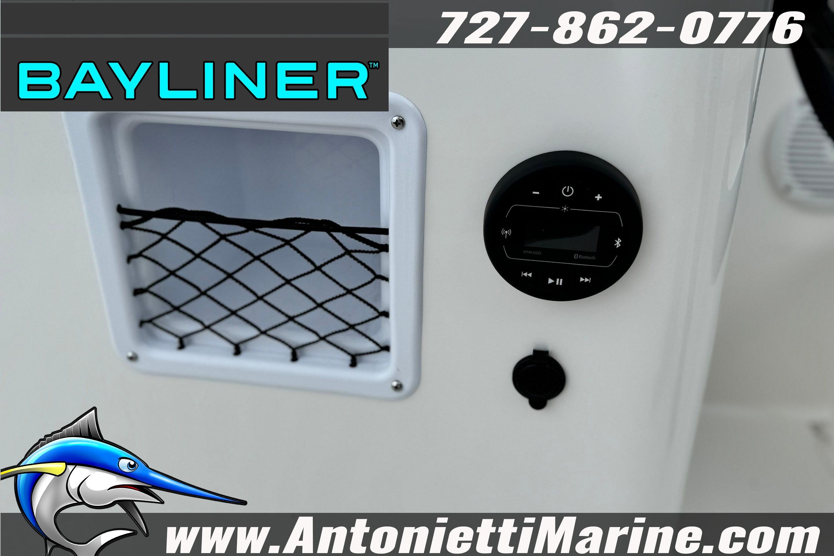 2026 Bayliner Element E16 dashboard with storage net and control panel.