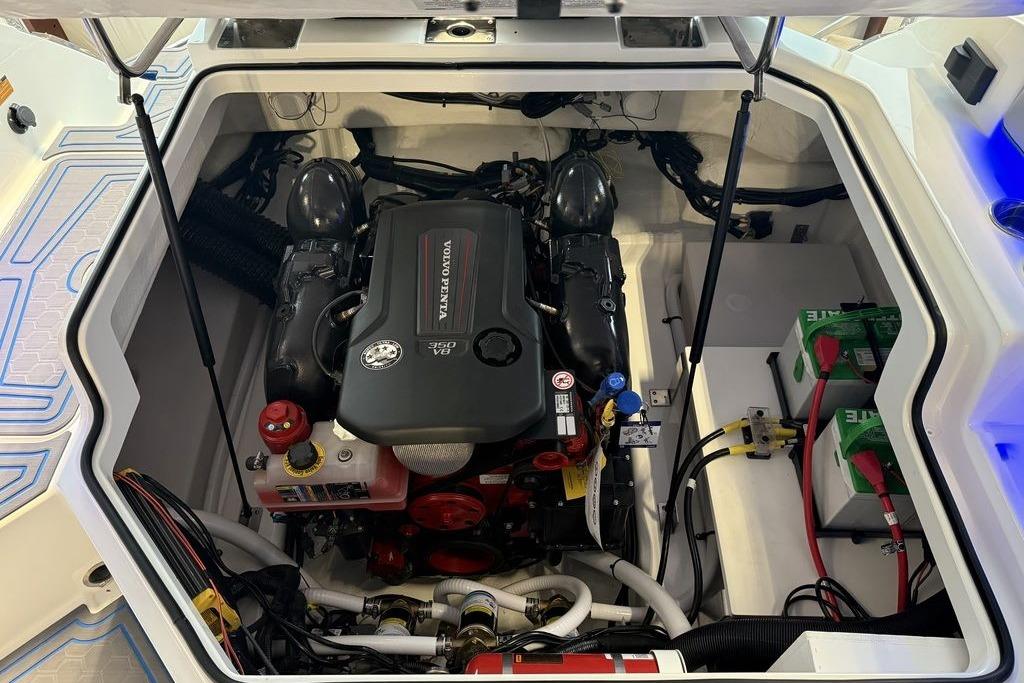 Engine compartment of 2026 Cobalt R4 Surf boat with Volvo Penta V8 engine.