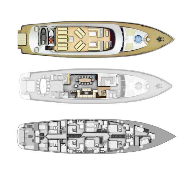 Floor plan of a 2012 Custom Sail 38 m yacht, showing three detailed levels.