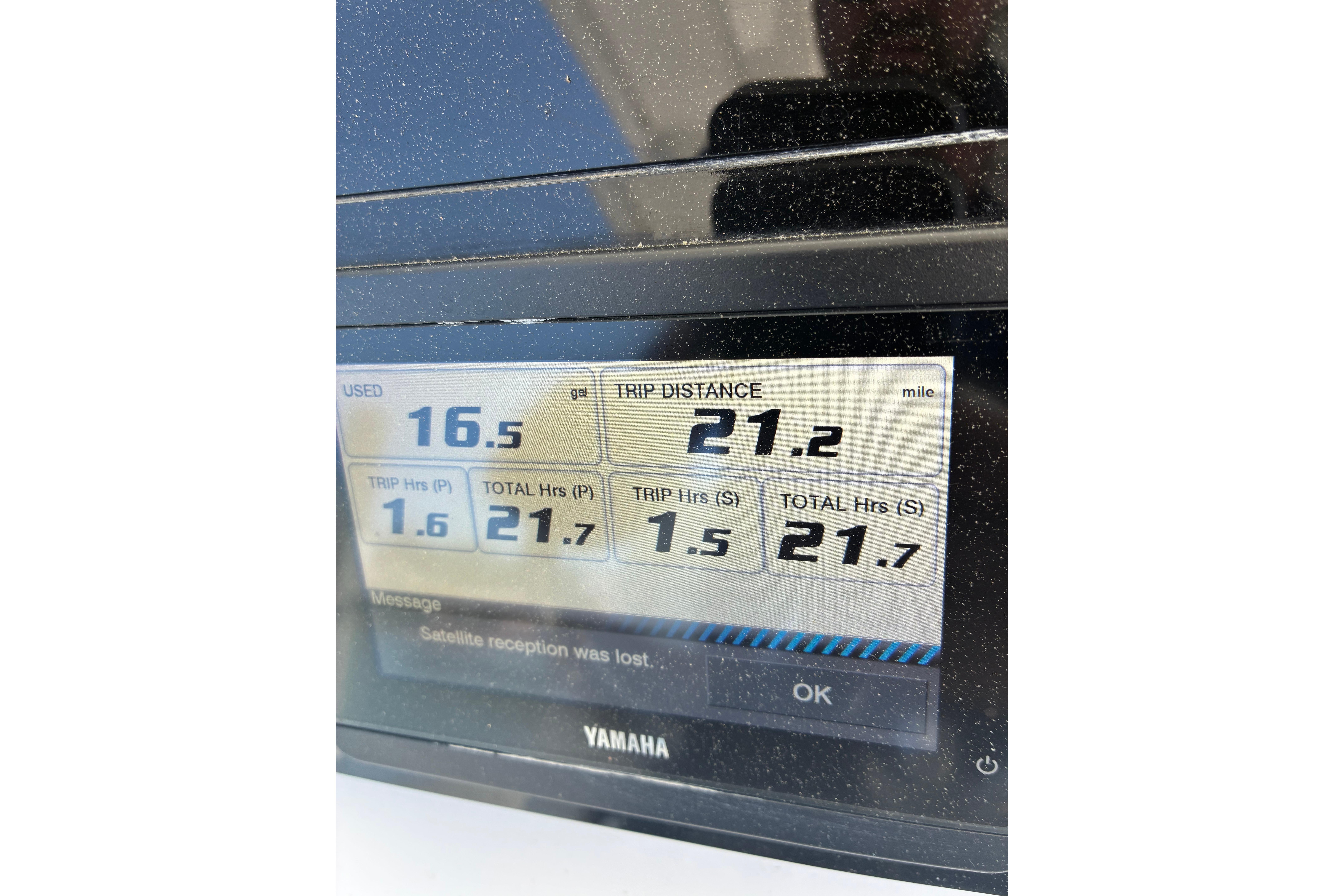 Display screen showing trip data on a 2023 Edgewater 285CC boat.