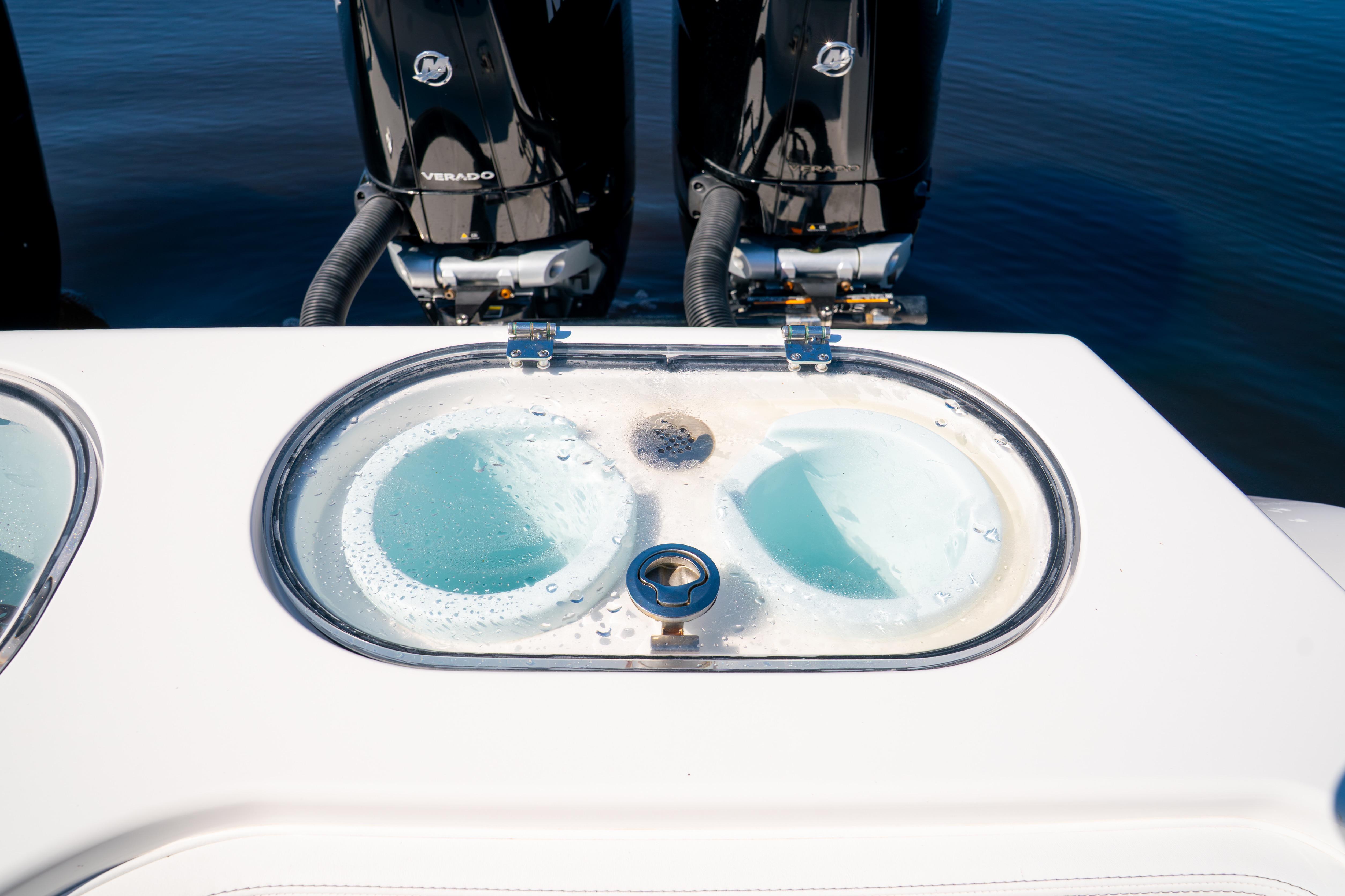 Livewell on 2025 Front Runner 43 Catamaran with dual Mercury Verado engines.