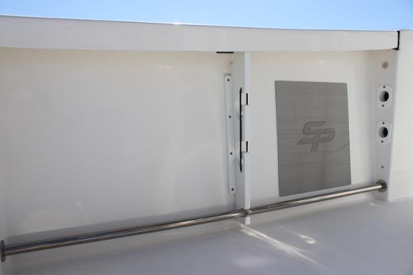 2023 Sea Pro 239 Center Console interior detail with stainless steel rail and logo.