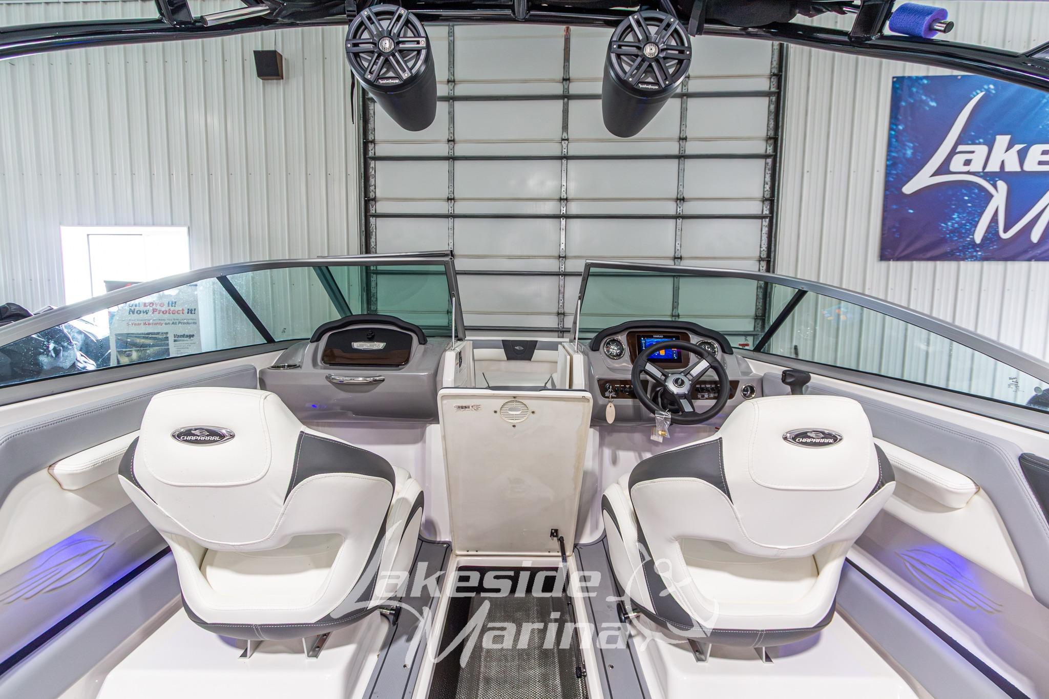 Interior view of 2022 Chaparral 21 SSi boat at Lakeside Marina.