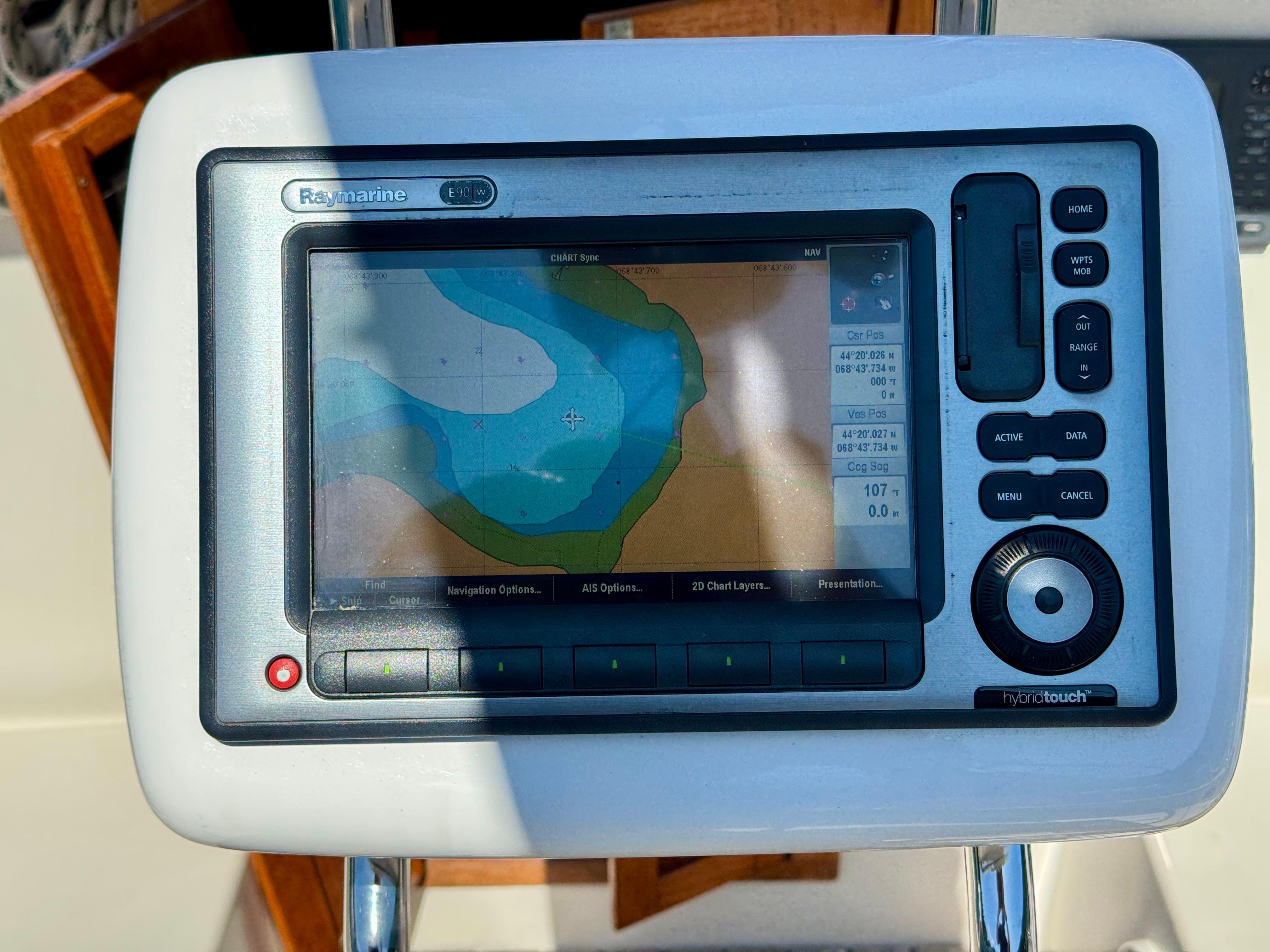 Raymarine navigation system on 1989 Nonsuch 30 Ultra sailboat, displaying nautical chart.
