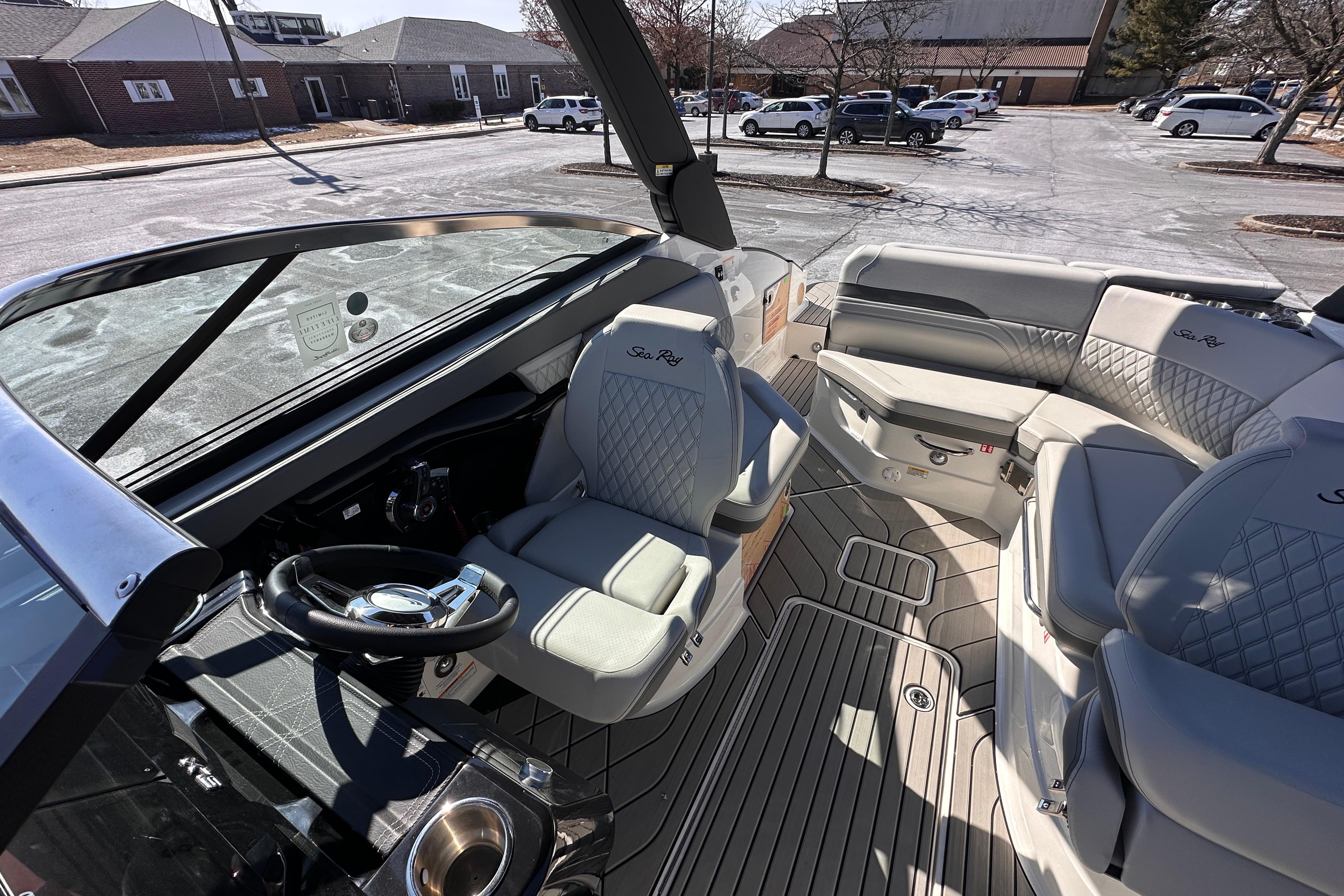 2026 Sea Ray SLX 260 Outboard interior with luxurious seating and modern design.