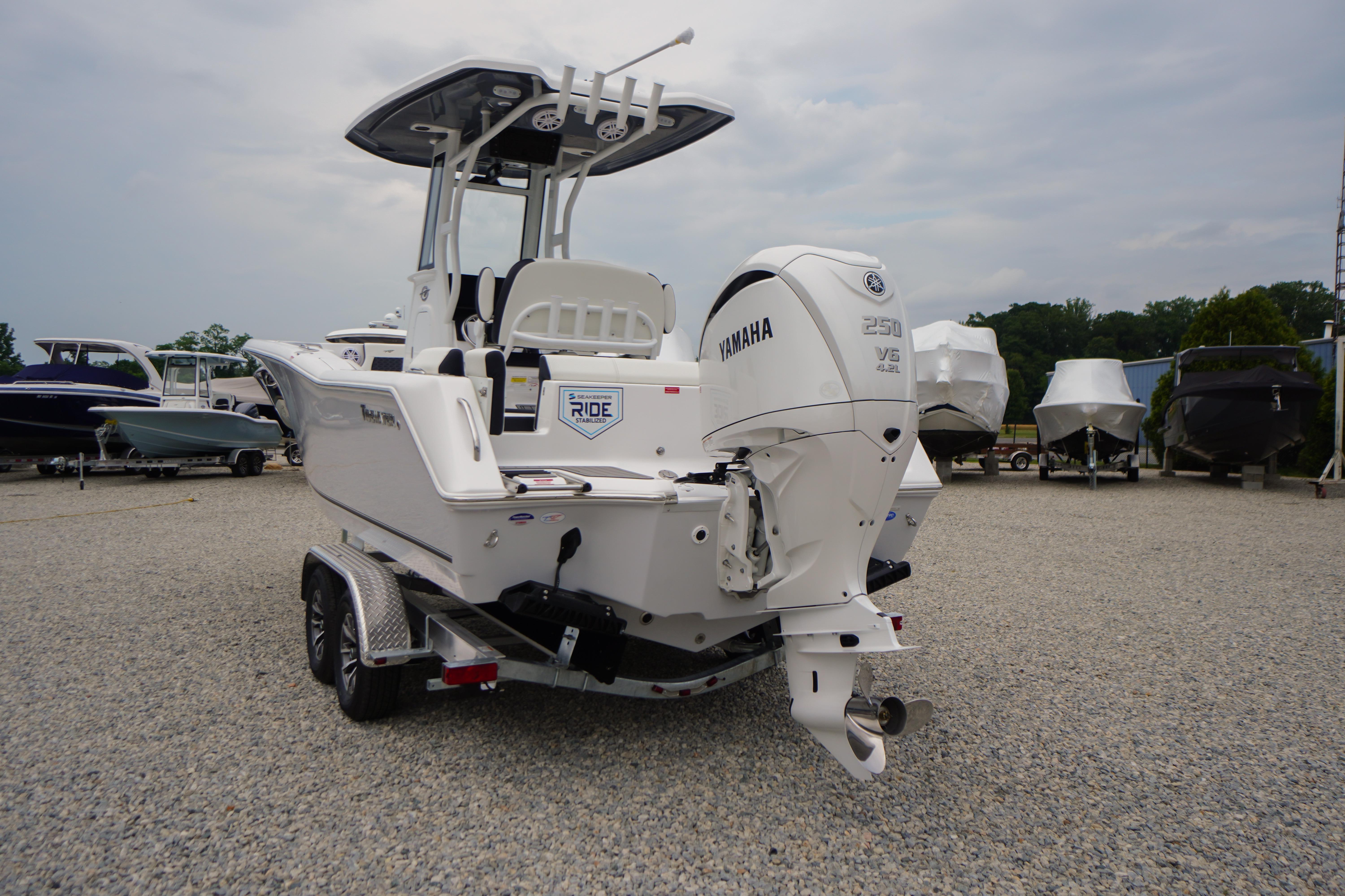 2026 Tidewater 232 SS boat with Yamaha 250 V6 engine on a trailer.