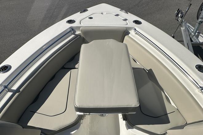 Bow seating area of 2026 Key West 219 FS boat with cushioned seats.