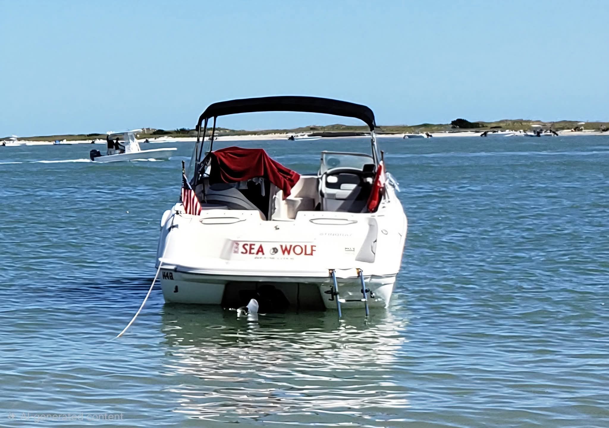 A white boat with a black canopy and American flag floats on calm water.