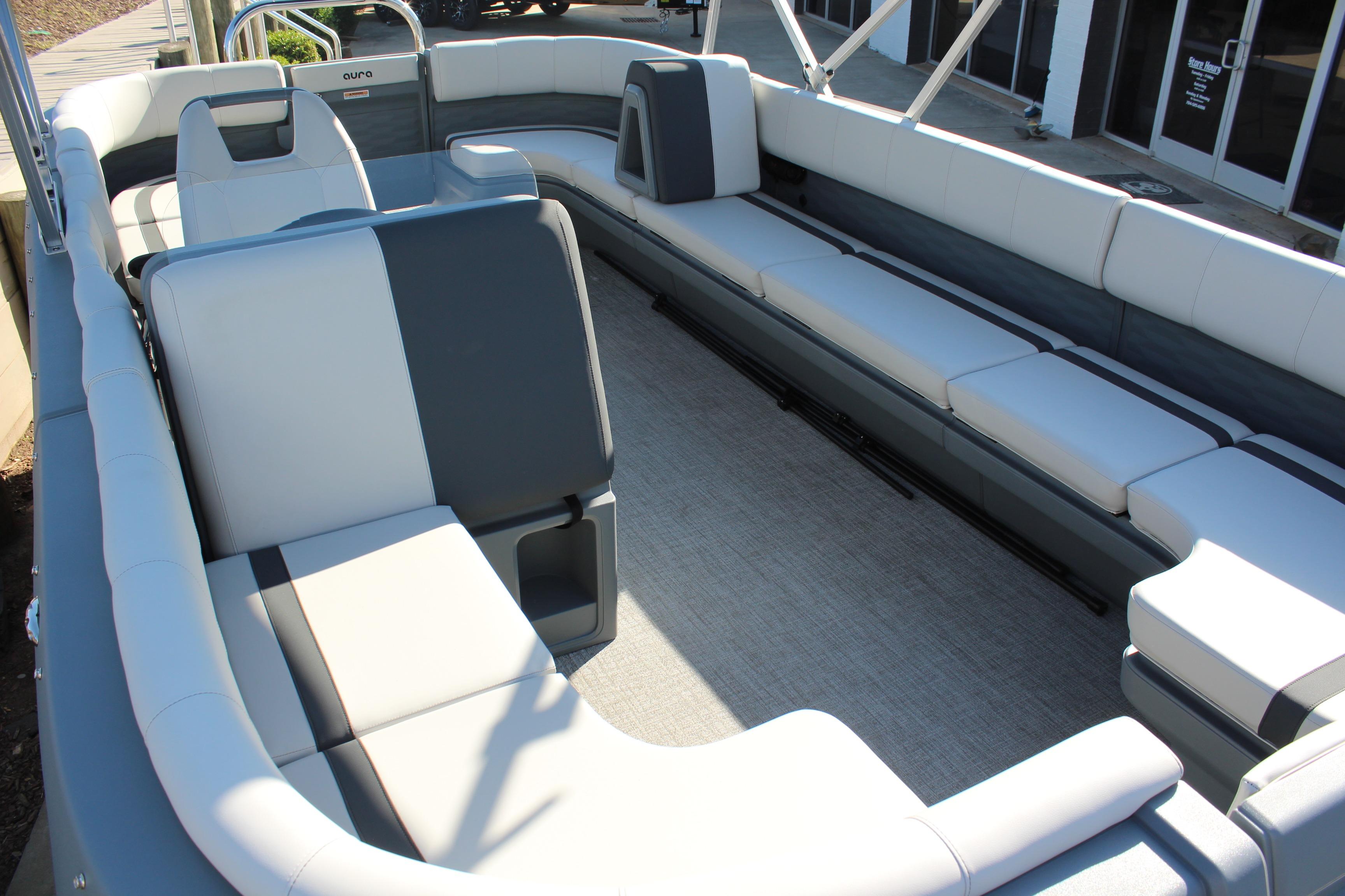 2026 Tahoe Pontoon Aura interior with spacious seating and modern design.