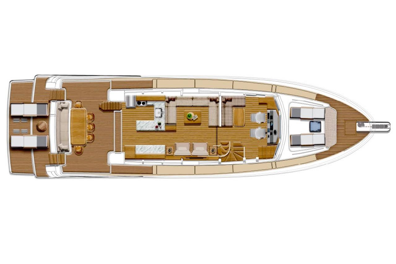 Top view layout of 2027 Offshore Yachts 70 CE, showcasing spacious interior design.