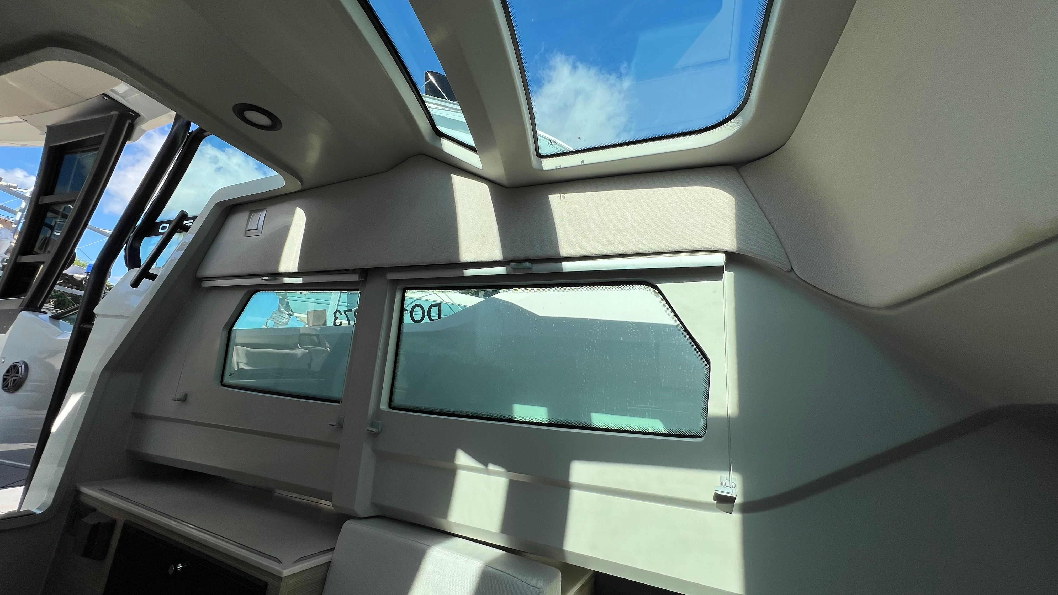 Interior of 2024 Saxdor 320 GTO with large windows and skylights.