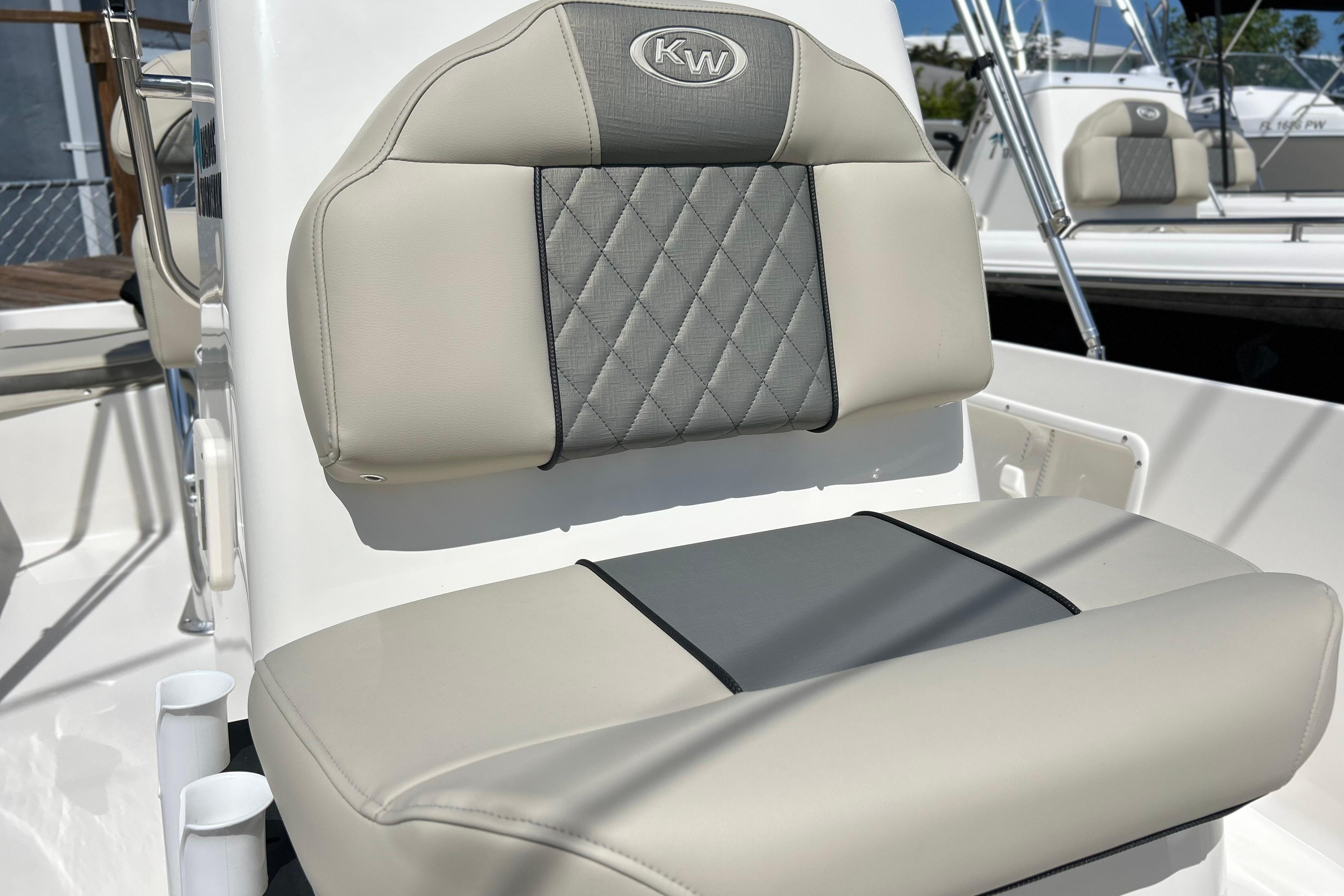 2026 Key West 1720 Center Console boat seat with gray and beige upholstery.