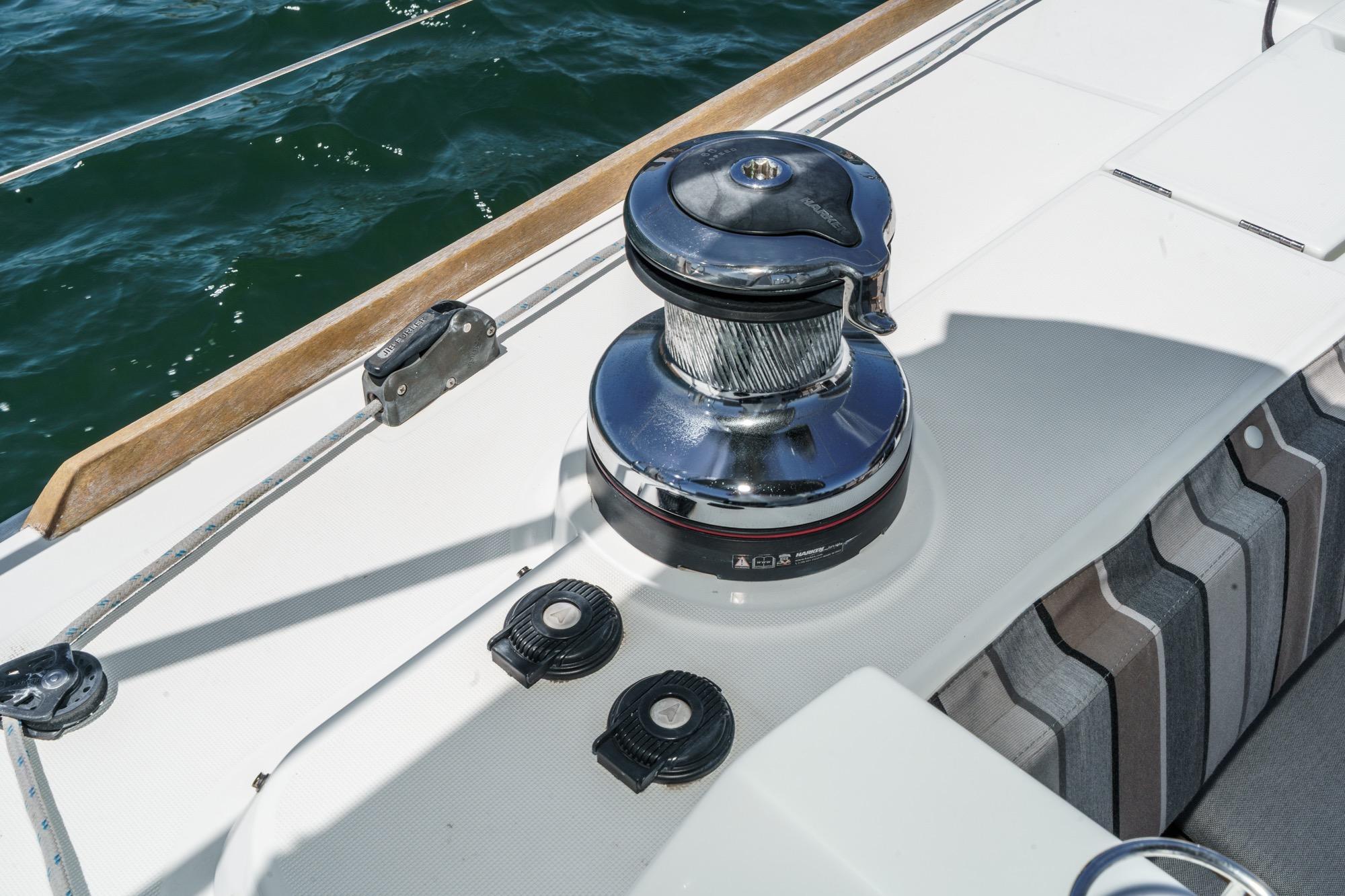 Winch on 2017 Beneteau Sense 50 yacht deck, with ocean in background.