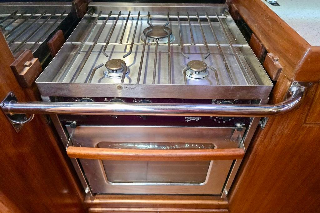 Stainless steel stove and oven in 2006 Outbound 44 yacht kitchen.