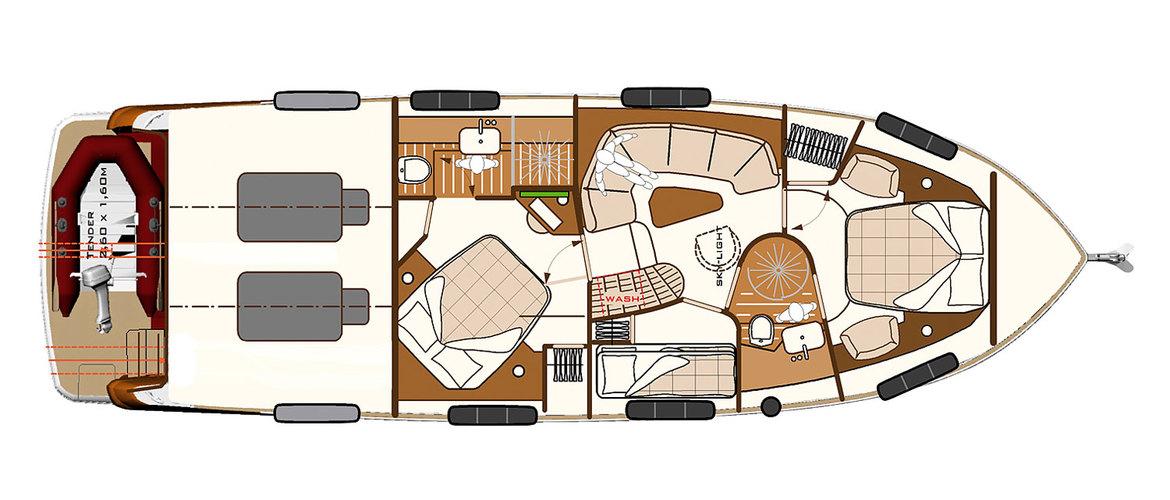 Floor plan of a 2014 Azimut Magellano 50 yacht, showcasing interior layout and design.
