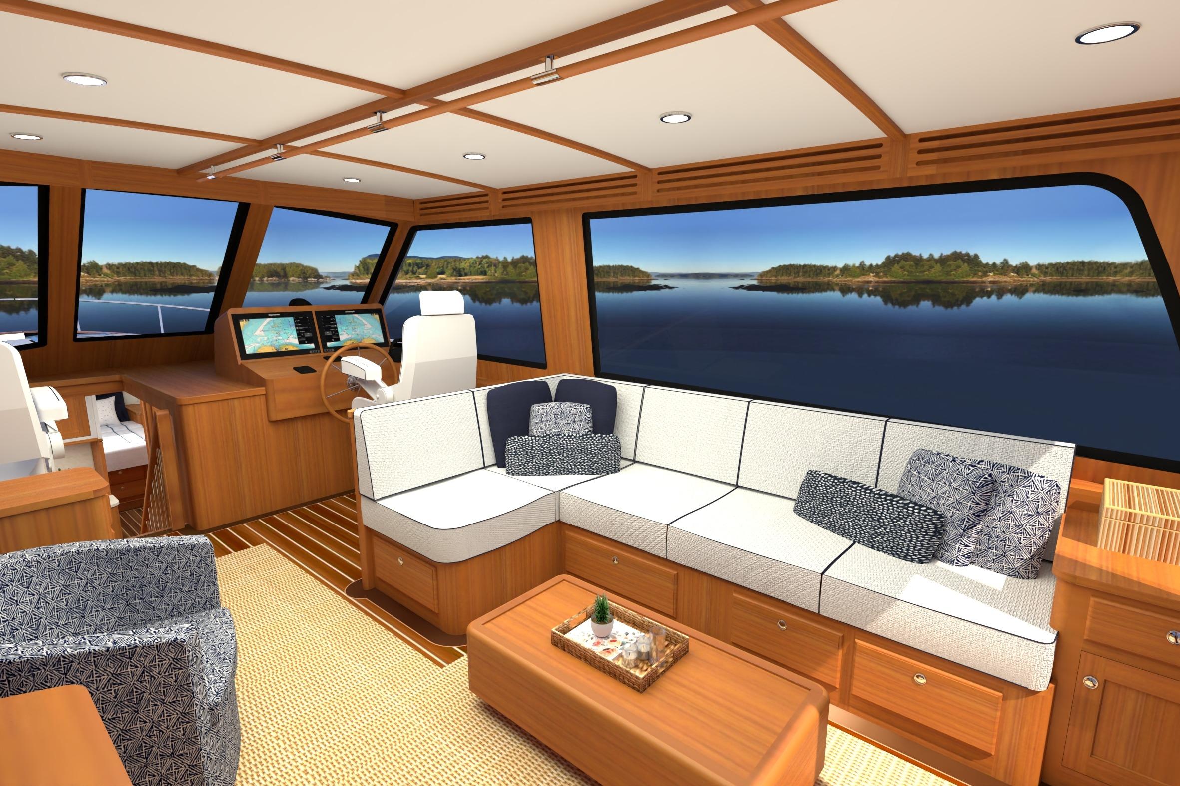 Luxurious interior of 2027 Hunt Yachts 56 Ocean Express with scenic ocean view.