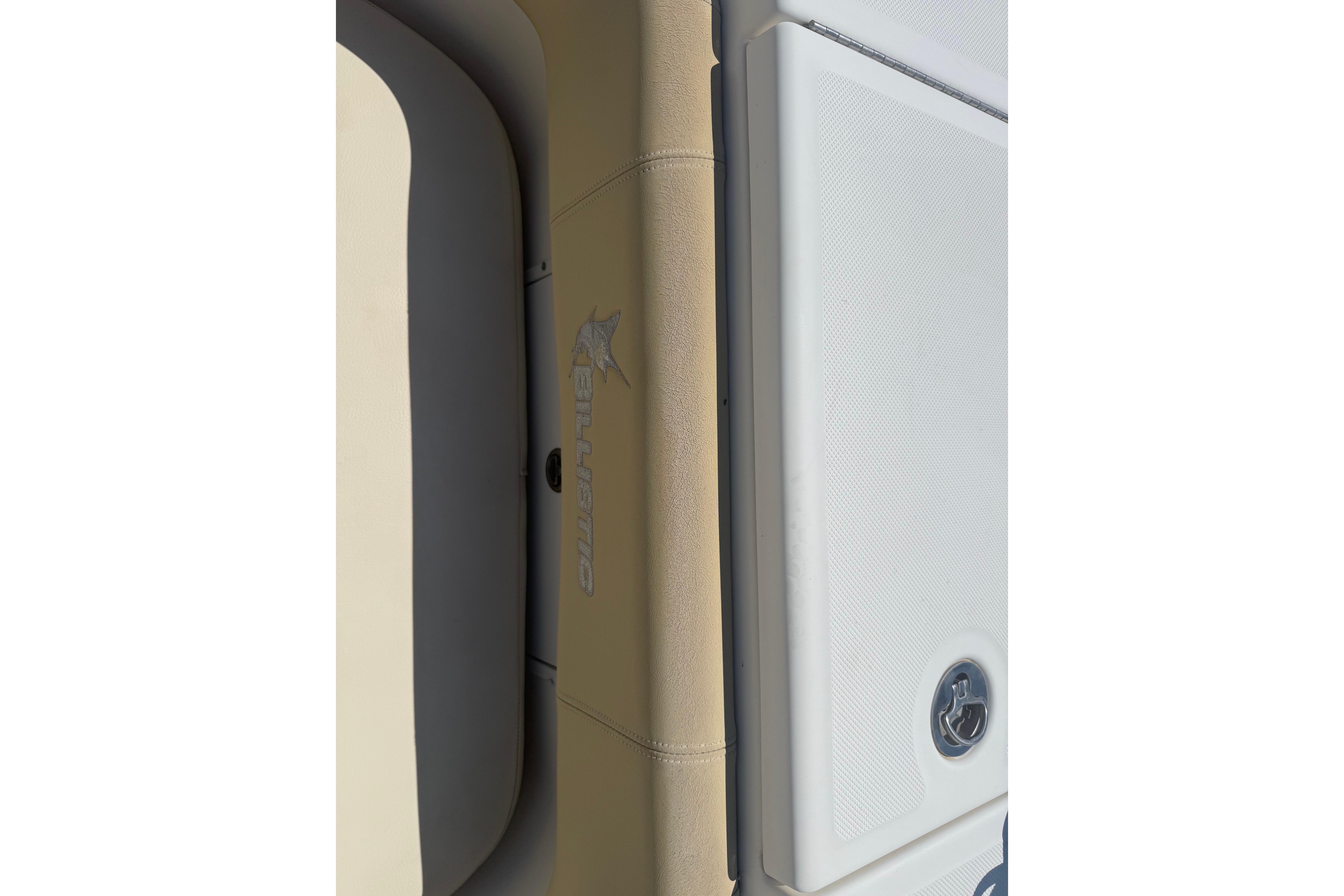 2019 Key West Billistic 281 Center Console interior detail with logo and seating.