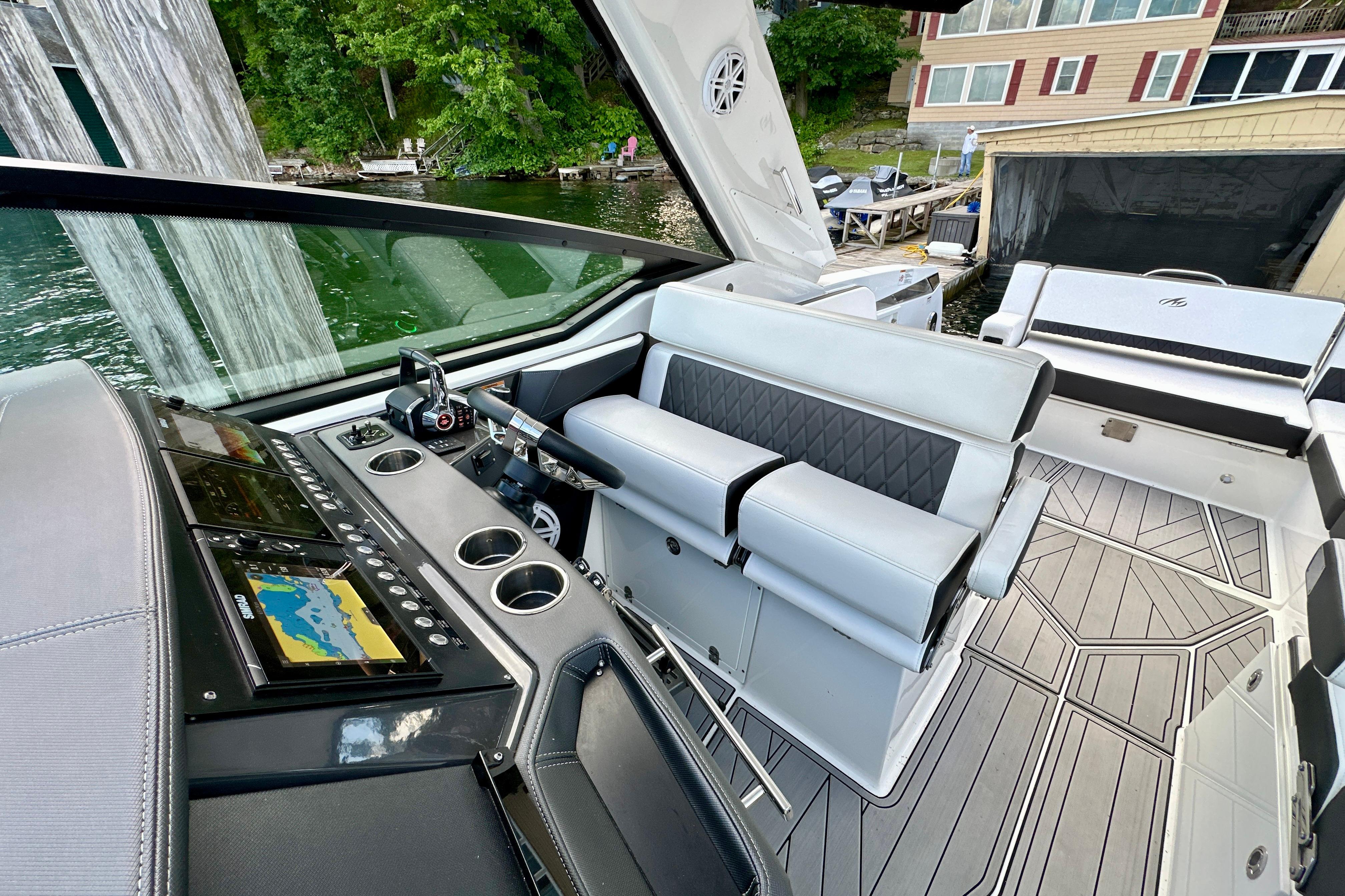 2022 Monterey 378SS Super Sport boat interior with modern dashboard and luxurious seating.