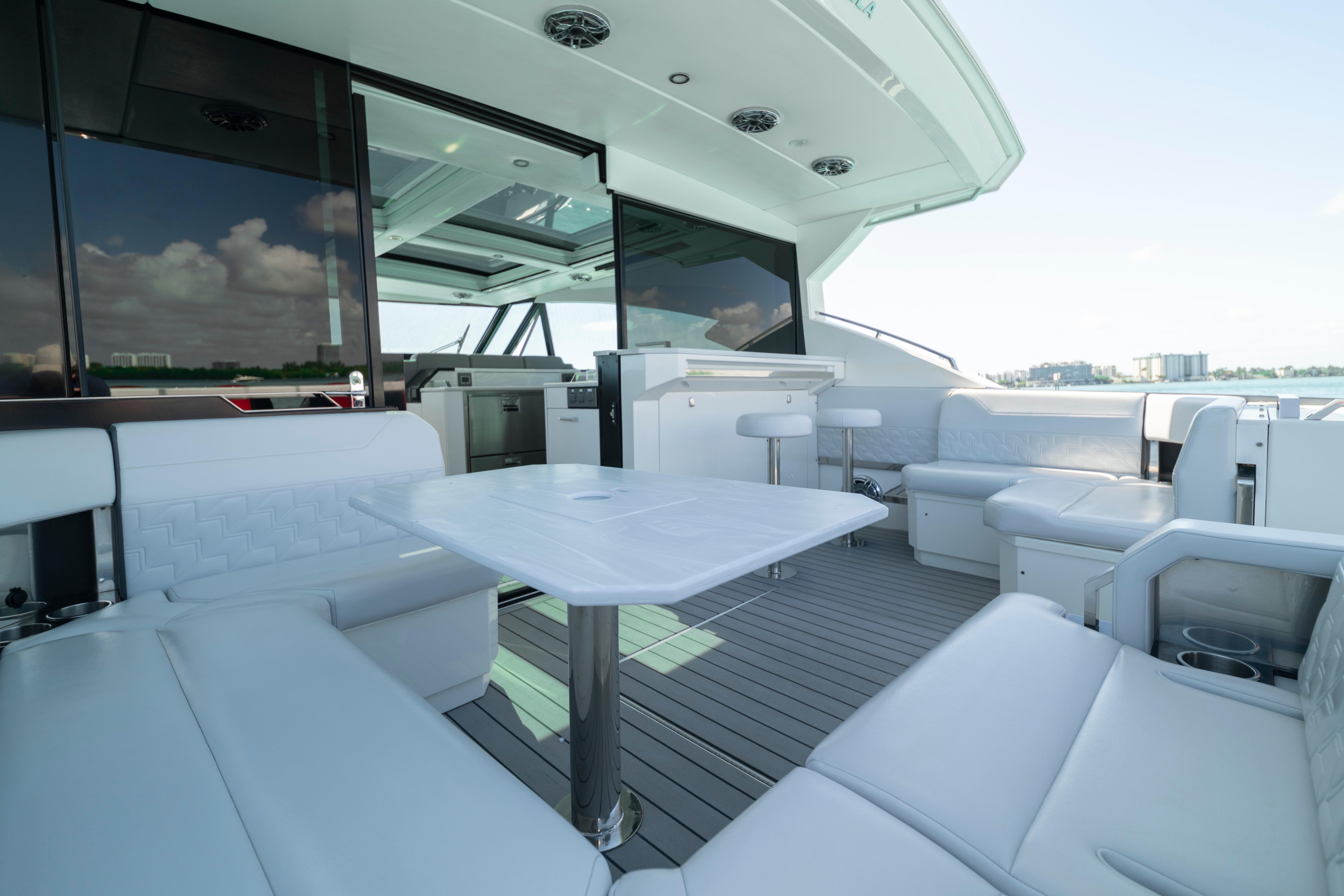 Luxurious 2022 Formula 500 Super Sport Crossover yacht interior with sleek seating and modern amenities.