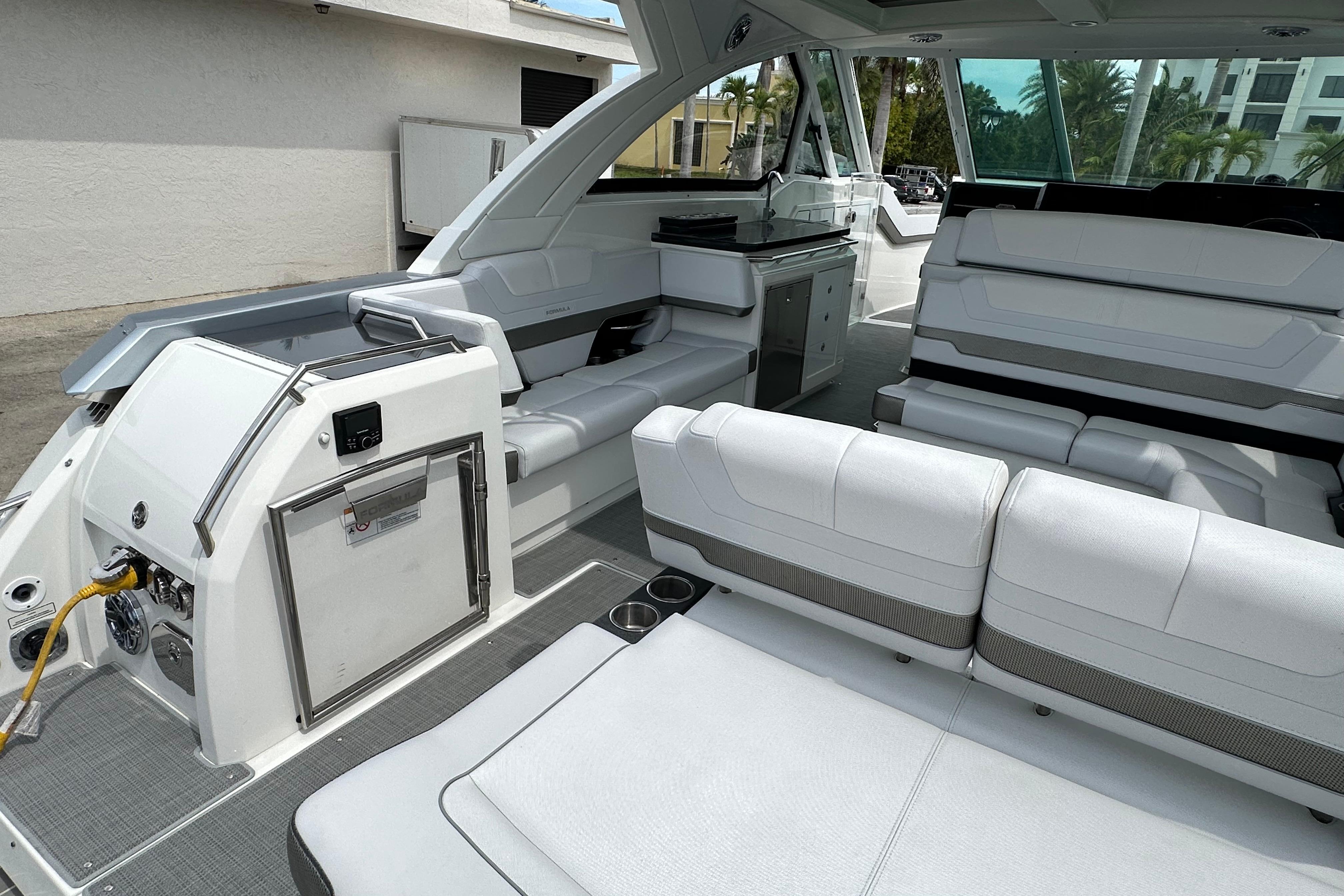 2021 Formula 380 Super Sport Crossover OB interior with luxurious seating and modern amenities.