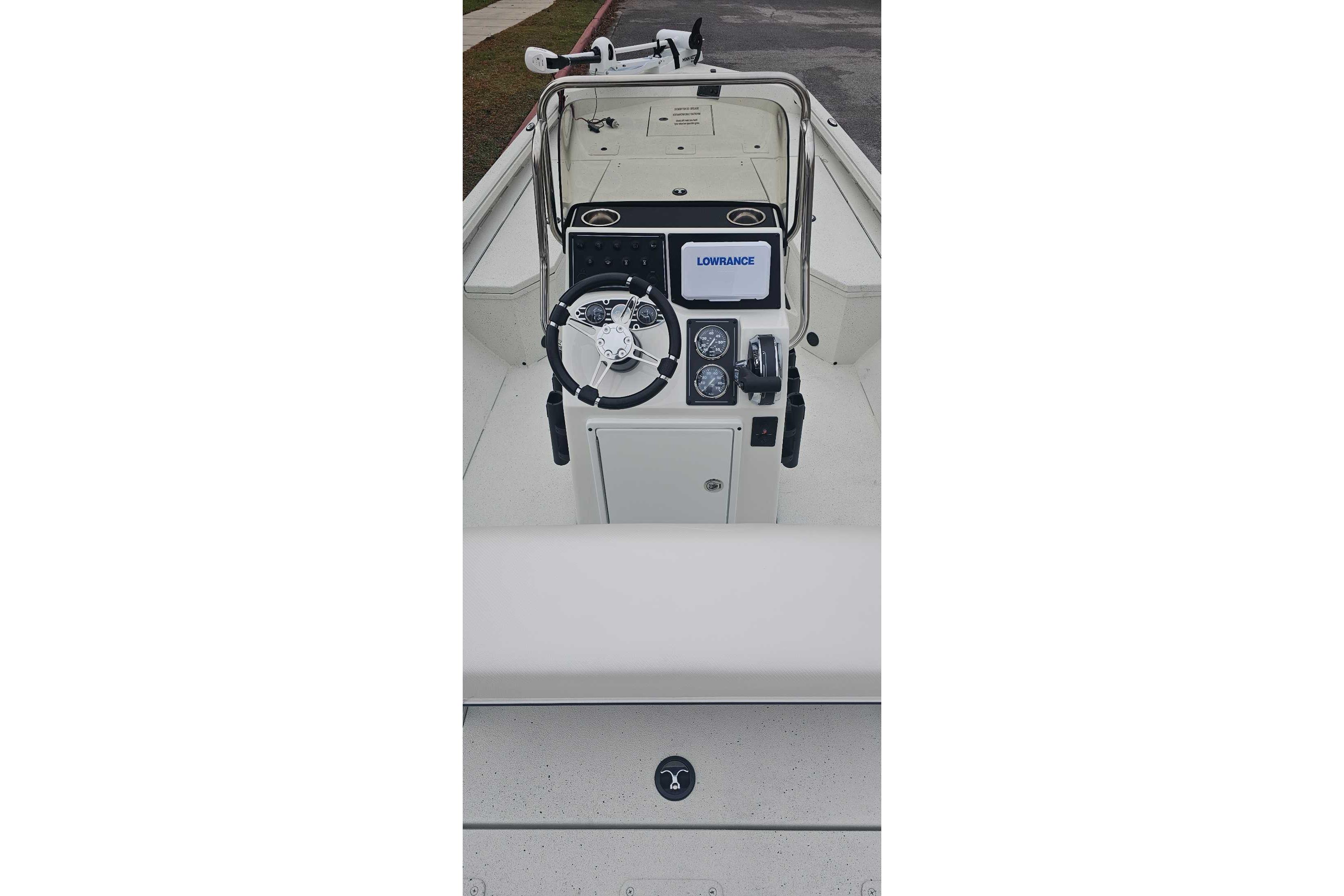 2026 Ranger RB200 boat console with steering wheel and Lowrance display.
