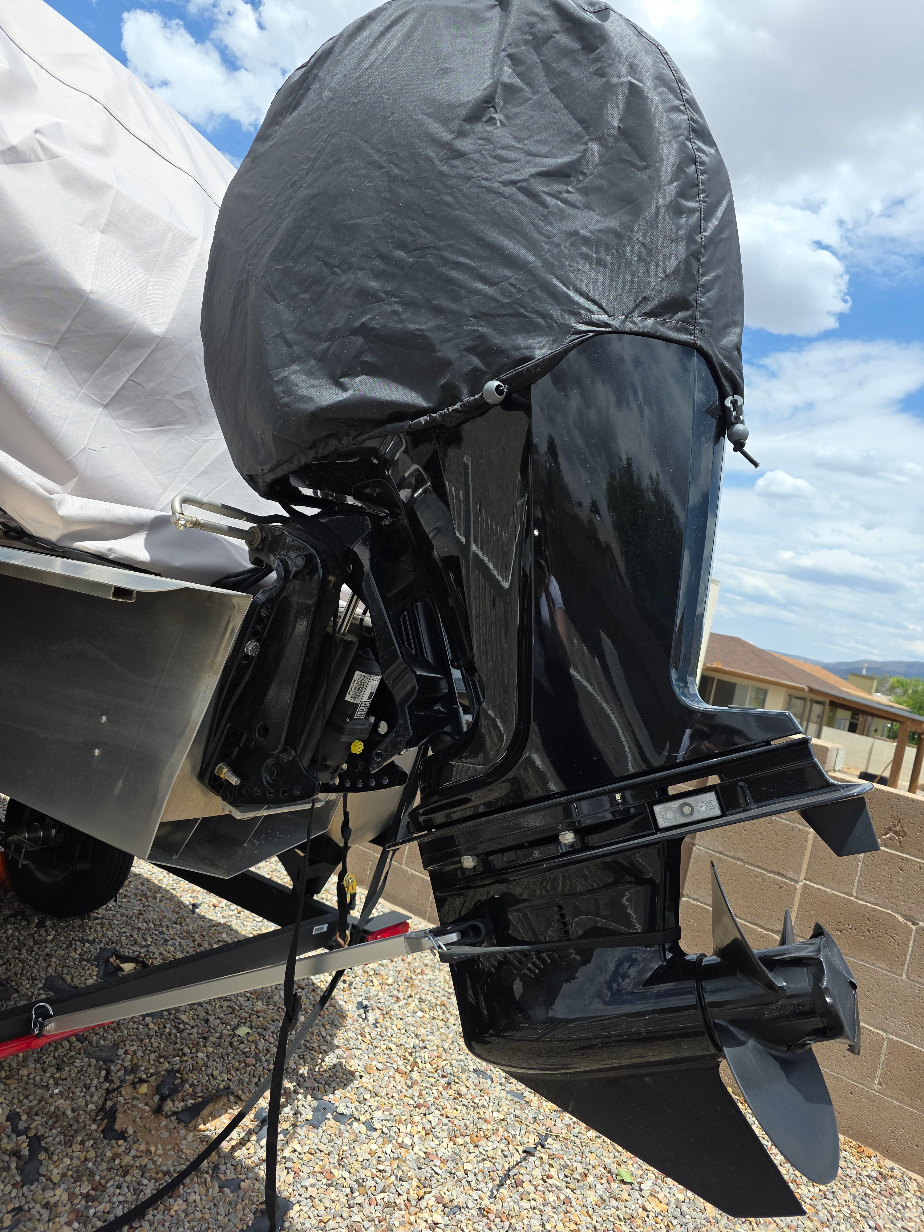 An outboard motor of a boat is covered with a protective cover.