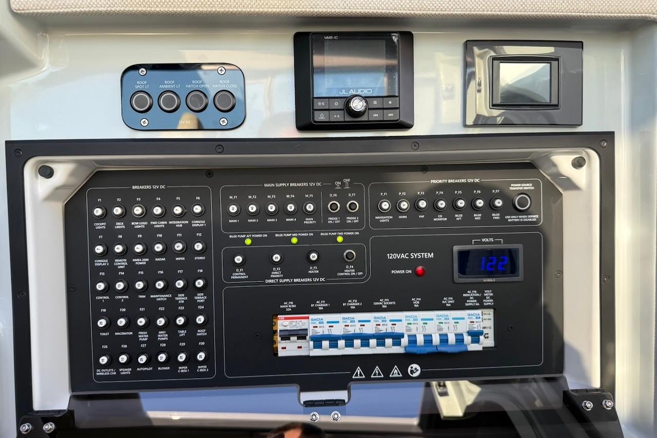 Control panel of 2024 Saxdor 320 GTC boat, featuring various switches and displays.