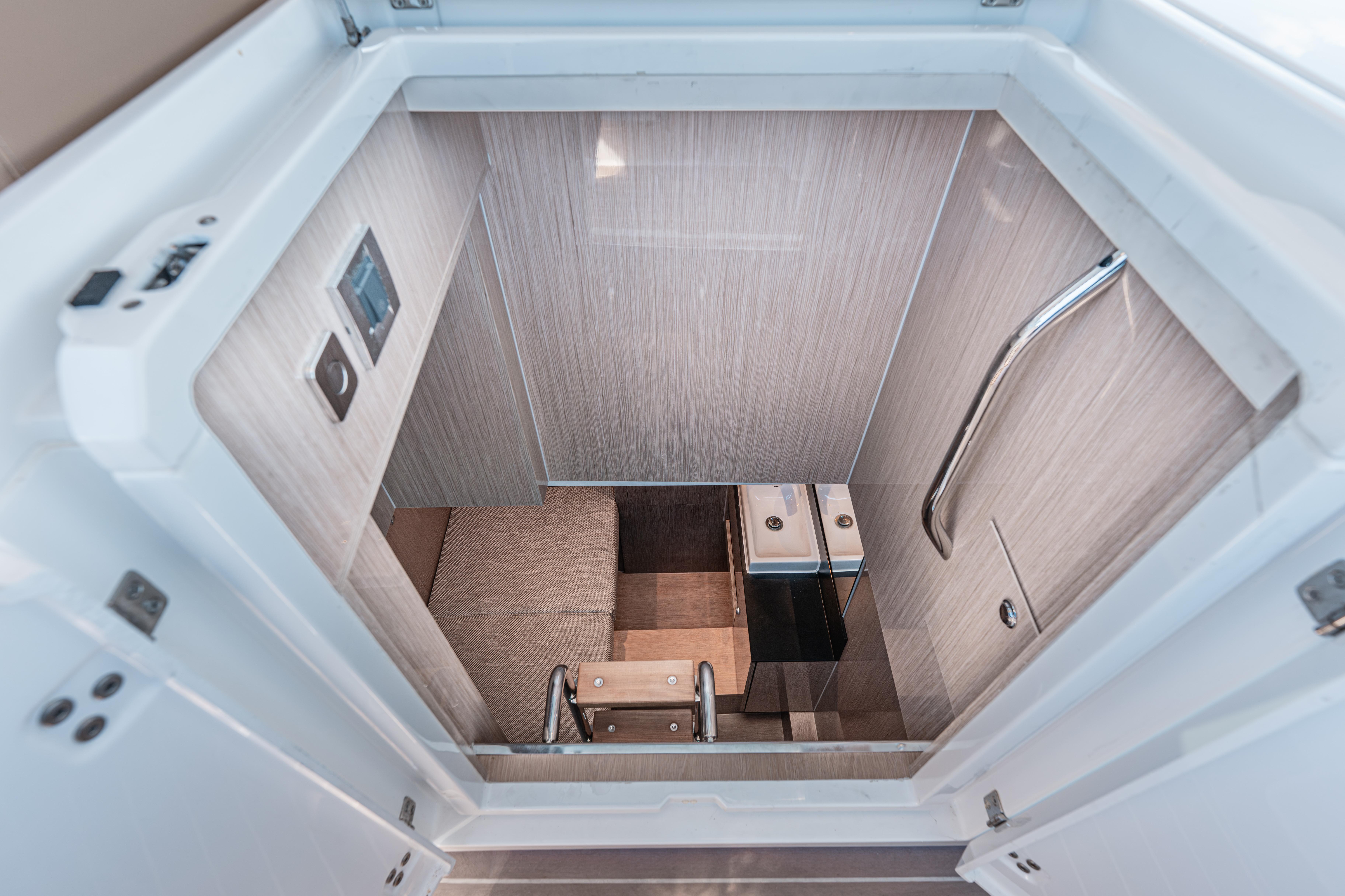 Interior view of 2024 Fjord Boats 53XL, featuring modern design and sleek finishes.