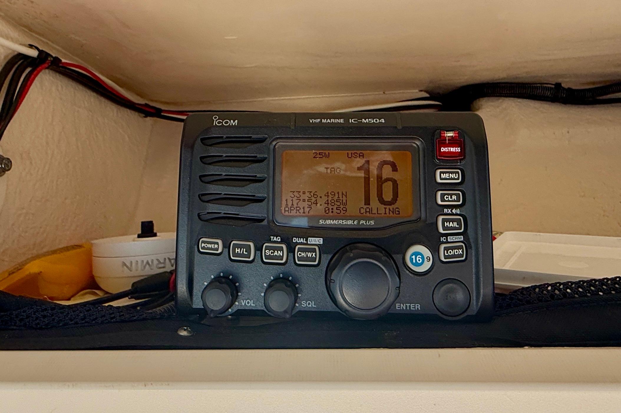 VHF marine radio on 2012 Grady-White Canyon 336 boat, displaying channel 16.