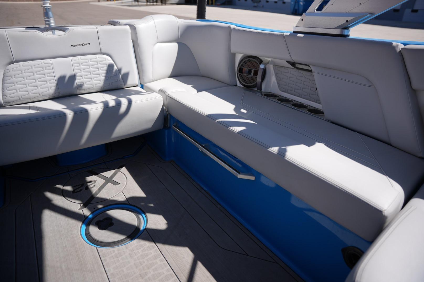 Interior of a 2020 MasterCraft X22 boat with sleek seating and modern design.