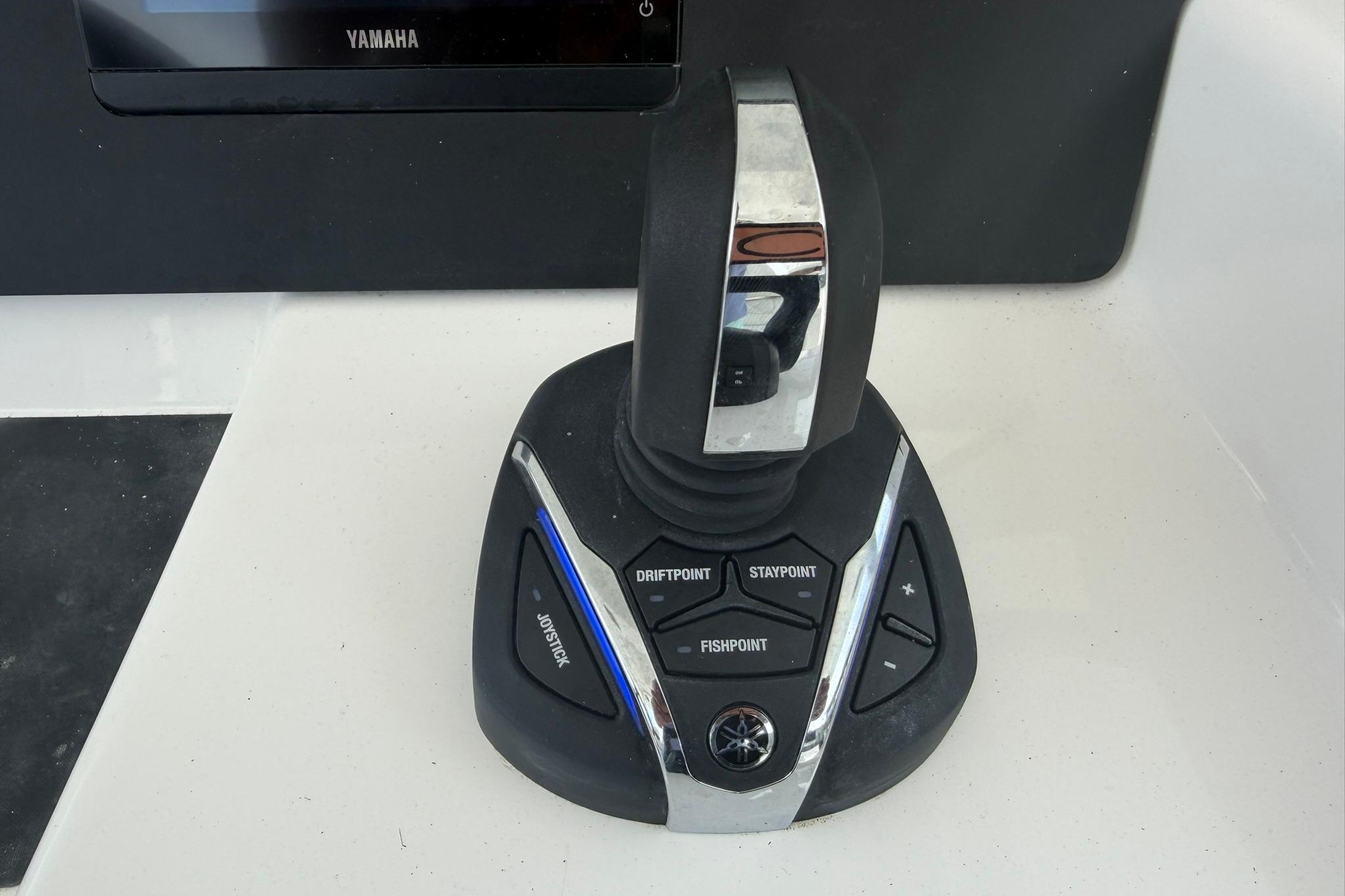 Joystick control panel on a 2026 Regulator 37 boat, featuring Yamaha interface.