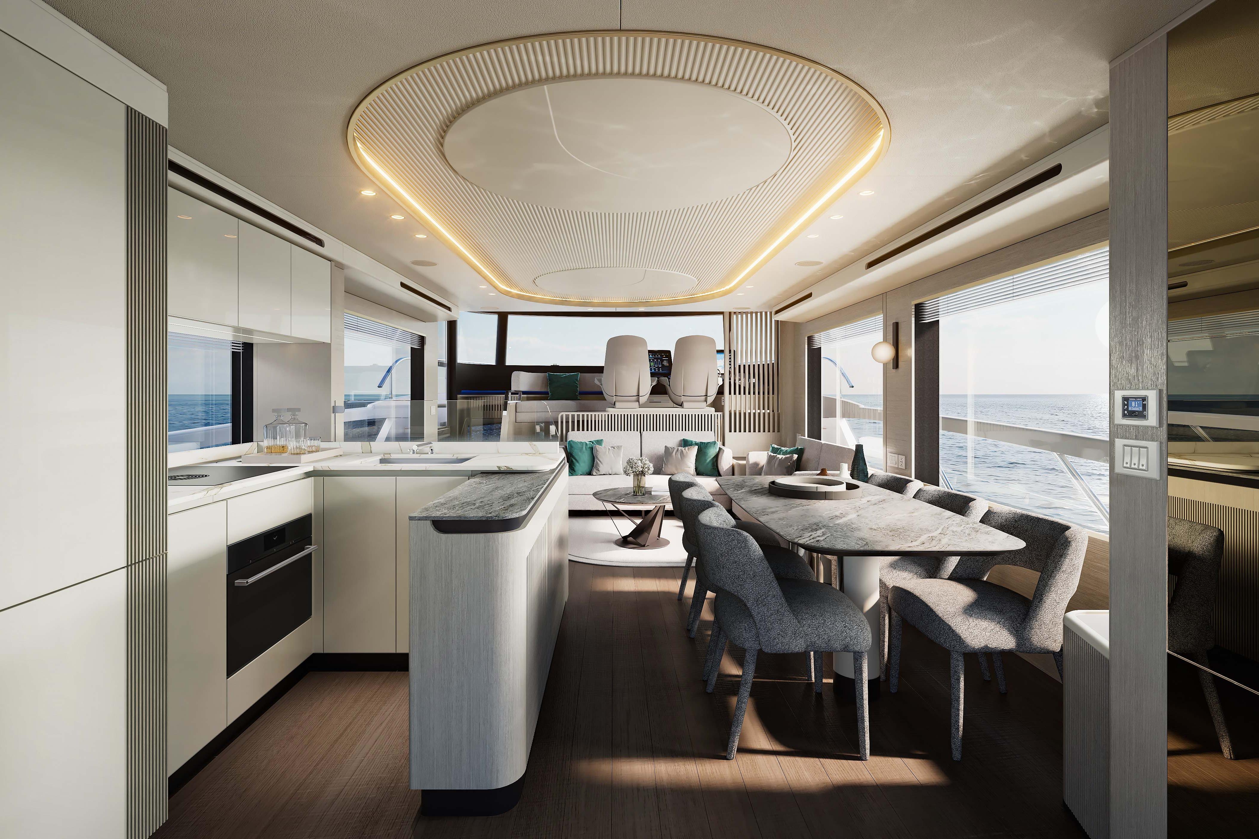 Luxurious interior of 2026 Absolute Navetta 66 yacht with modern kitchen and dining area.