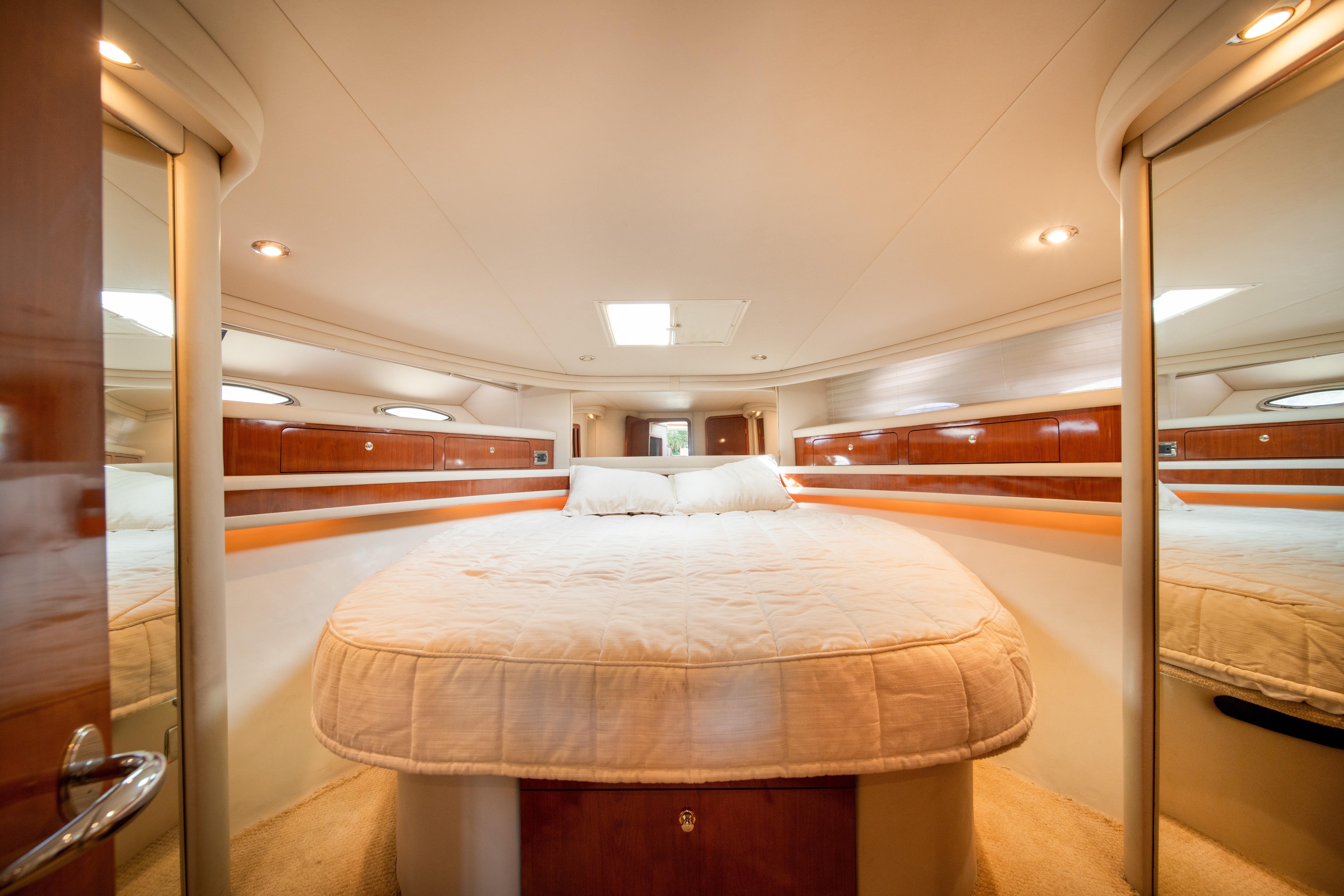 Luxurious cabin interior of 2003 Sea Ray 480 Sedan Bridge yacht.