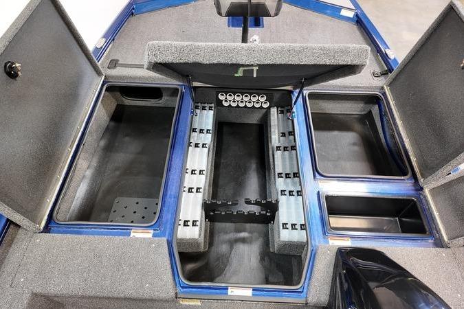 2024 Lowe Stinger 198 boat storage compartments with organized rod holders and spacious design.