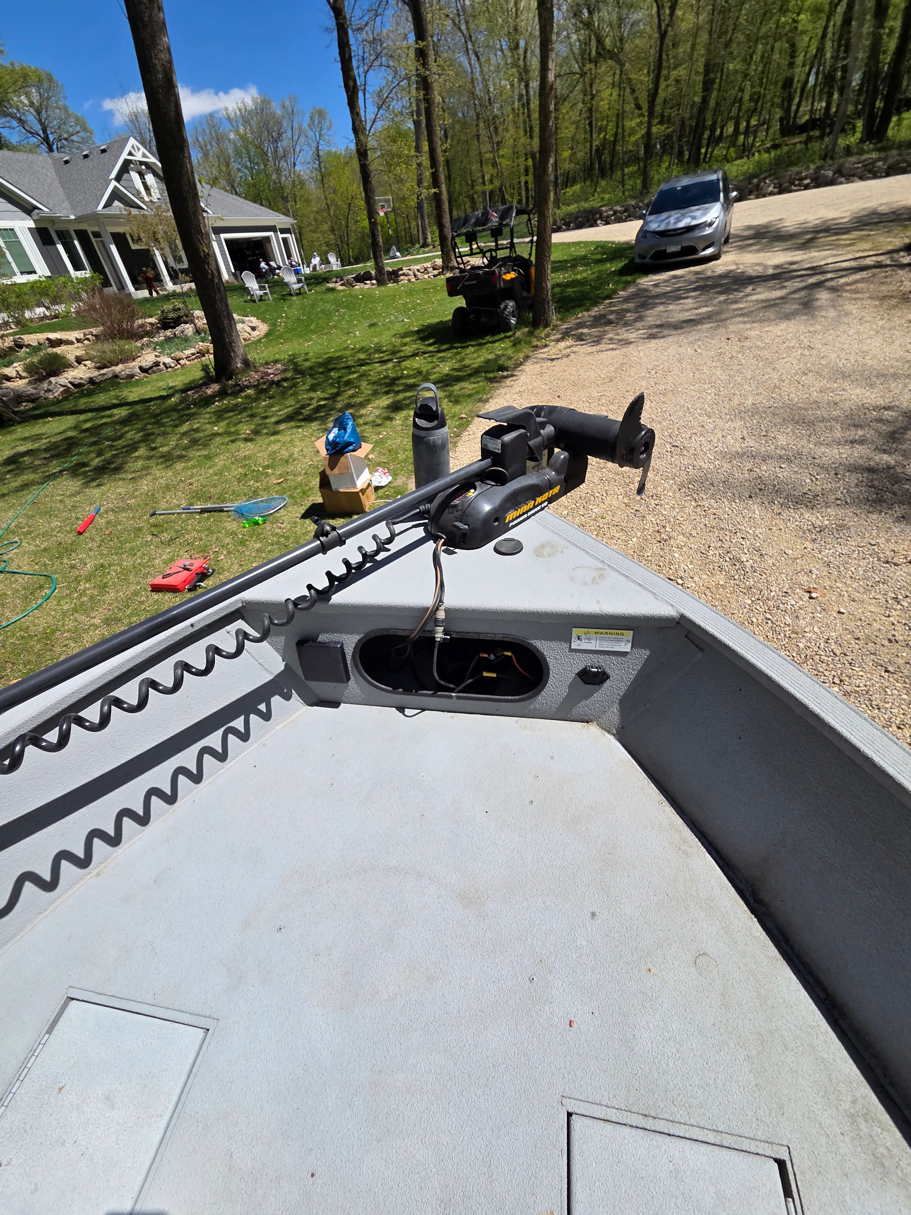 Lowe Fishing Machine 165 Poly Camo boat in garden, 2015 model.
