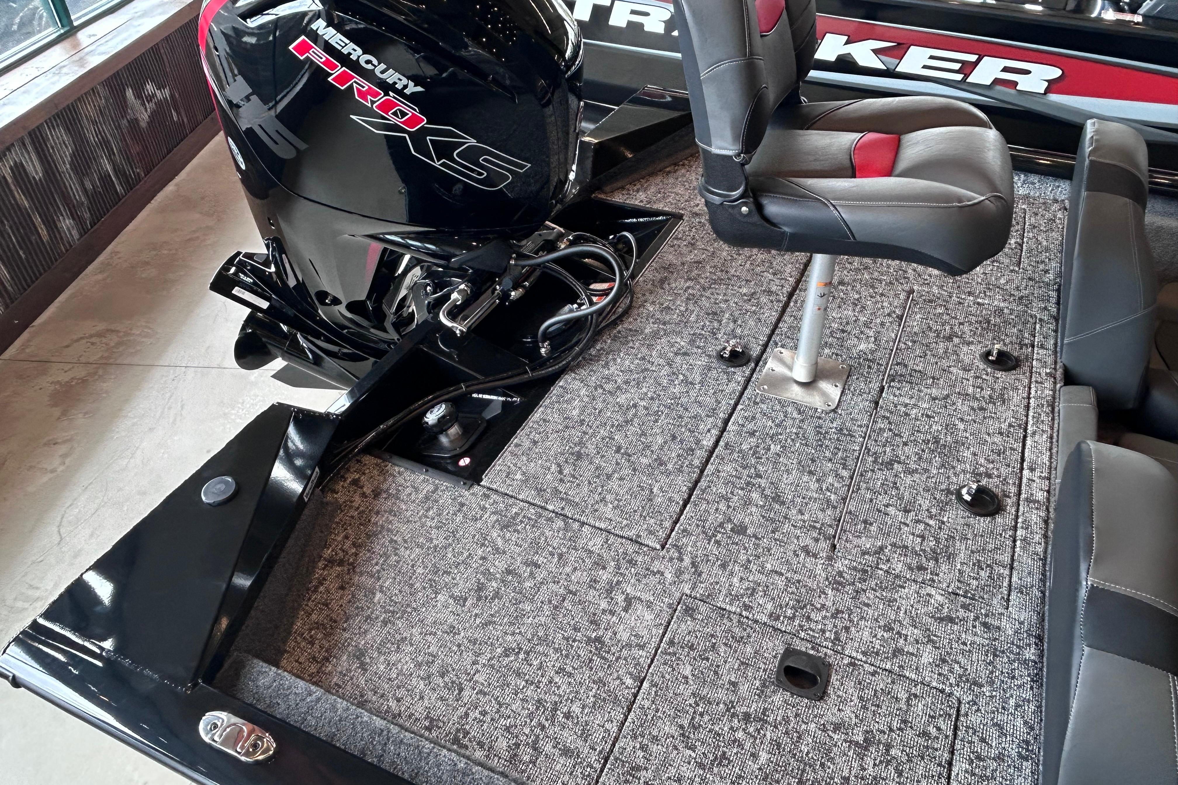 2026 Tracker Pro Team 195 boat interior with Mercury Pro XS engine and seating.