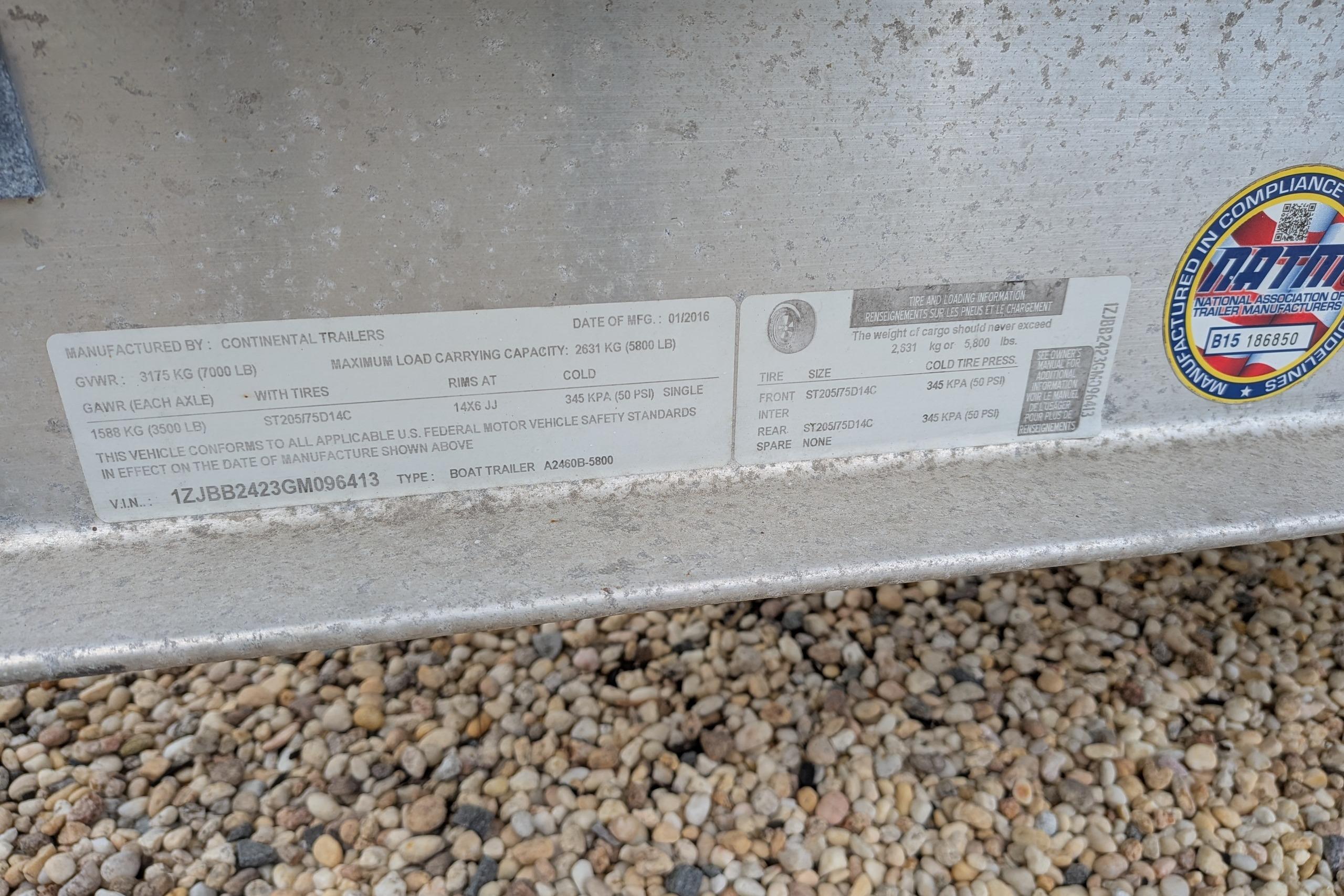 Label on Continental Trailers boat trailer, model A2460B-5800, manufactured in 2016.